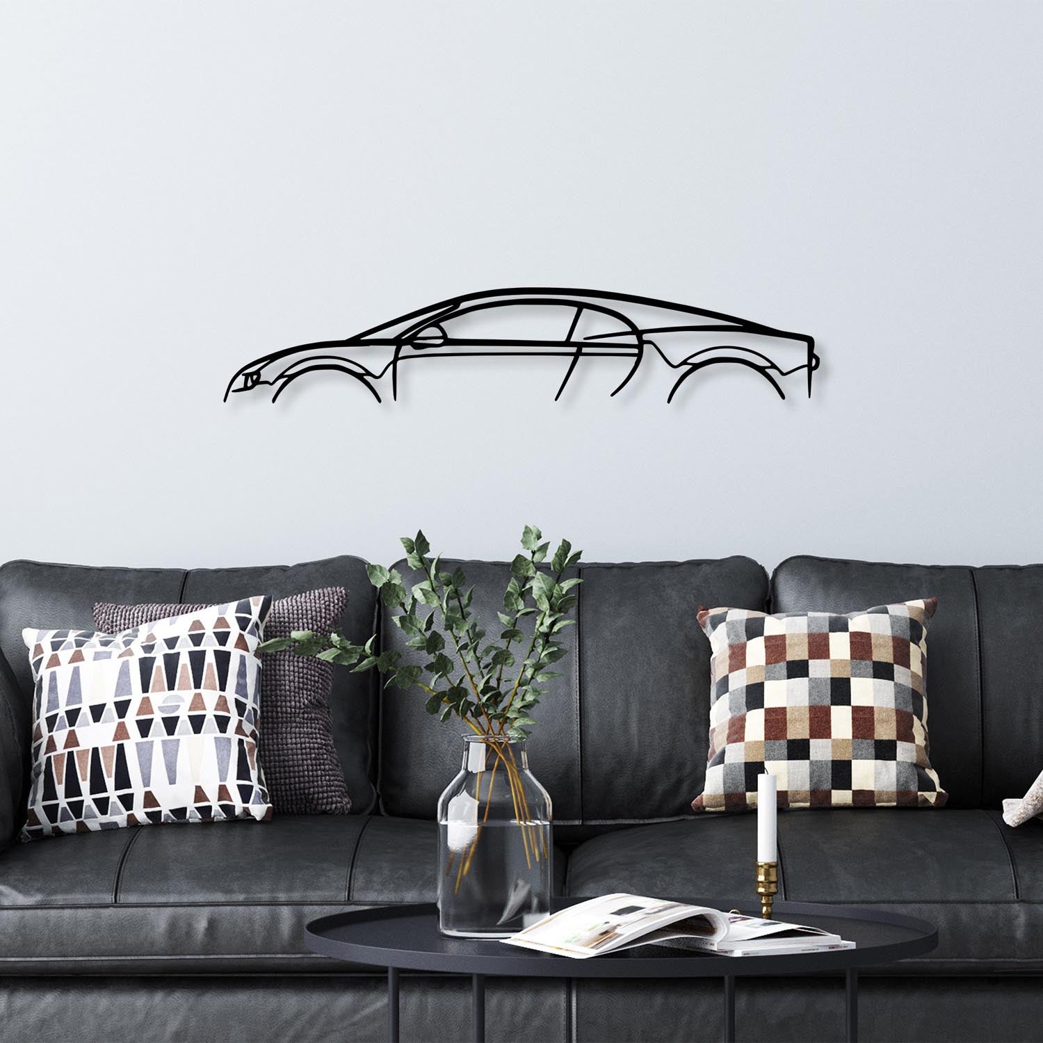 Entdecken Sie die elegante Bugatti Veyron Silhouette Wanddeko in Schwarz von Wallity. Hochwertiges Metall, modernes Design, perfekte Größe für jeden Raum.