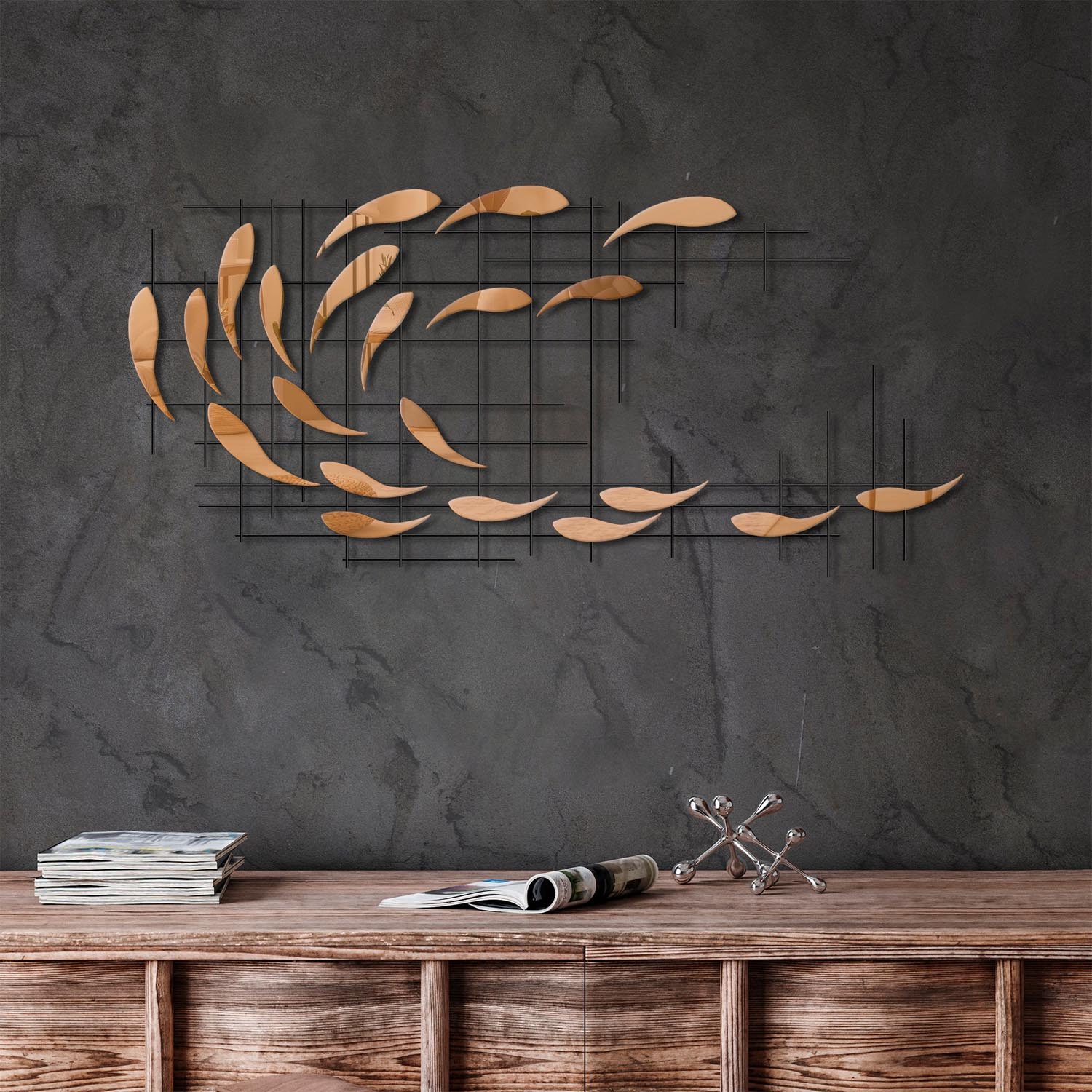 Entdecken Sie die elegante Sheen Wanddeko von Wallity – ein einzigartiges, mehrfarbiges Metallkunstwerk, das jeden Raum stilvoll verwandelt.