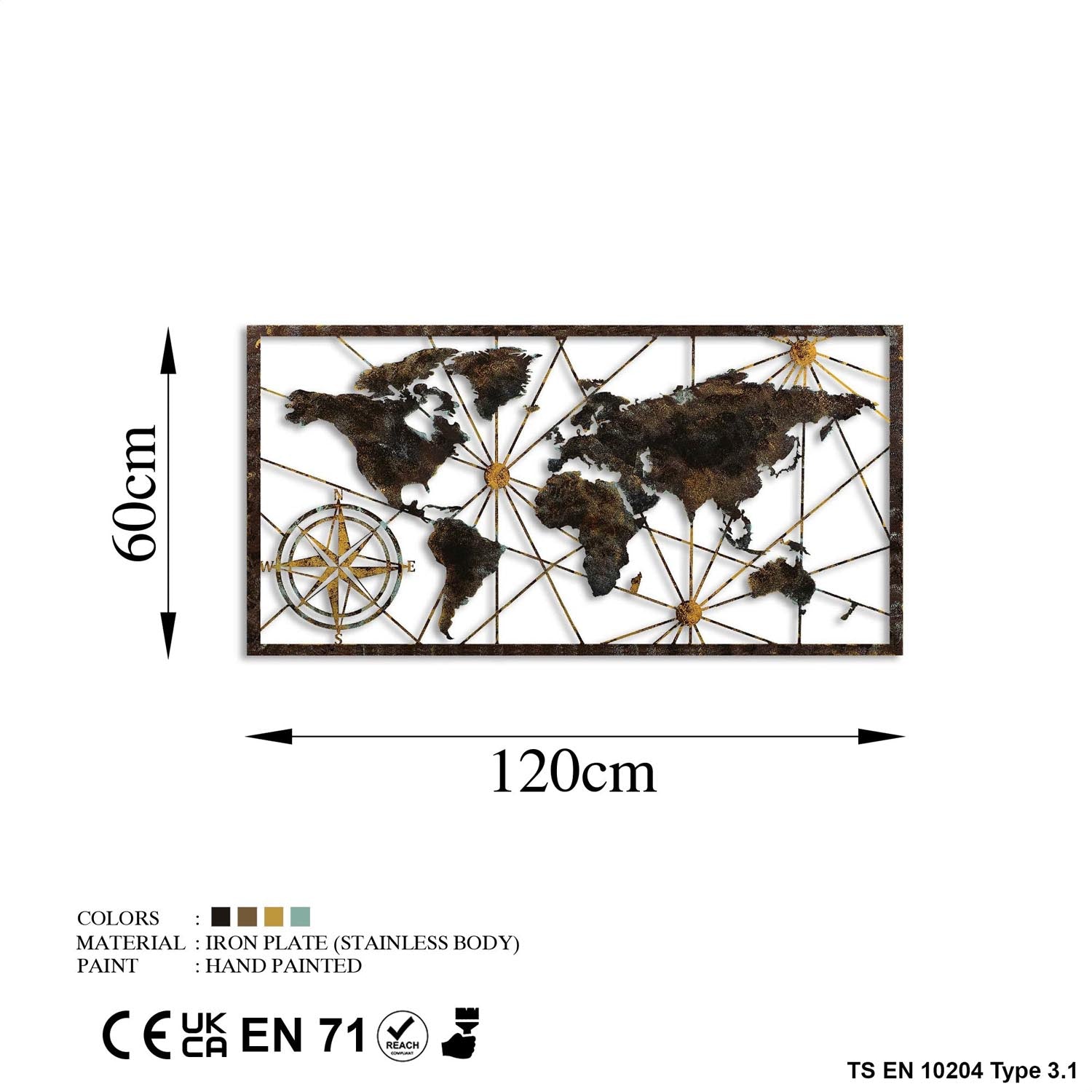 Verleihen Sie Ihrem Zuhause mit der World Map Large Wanddeko von Wallity einen Hauch von Eleganz und Kreativität – ein einzigartiges, handbemaltes Kunstwerk.