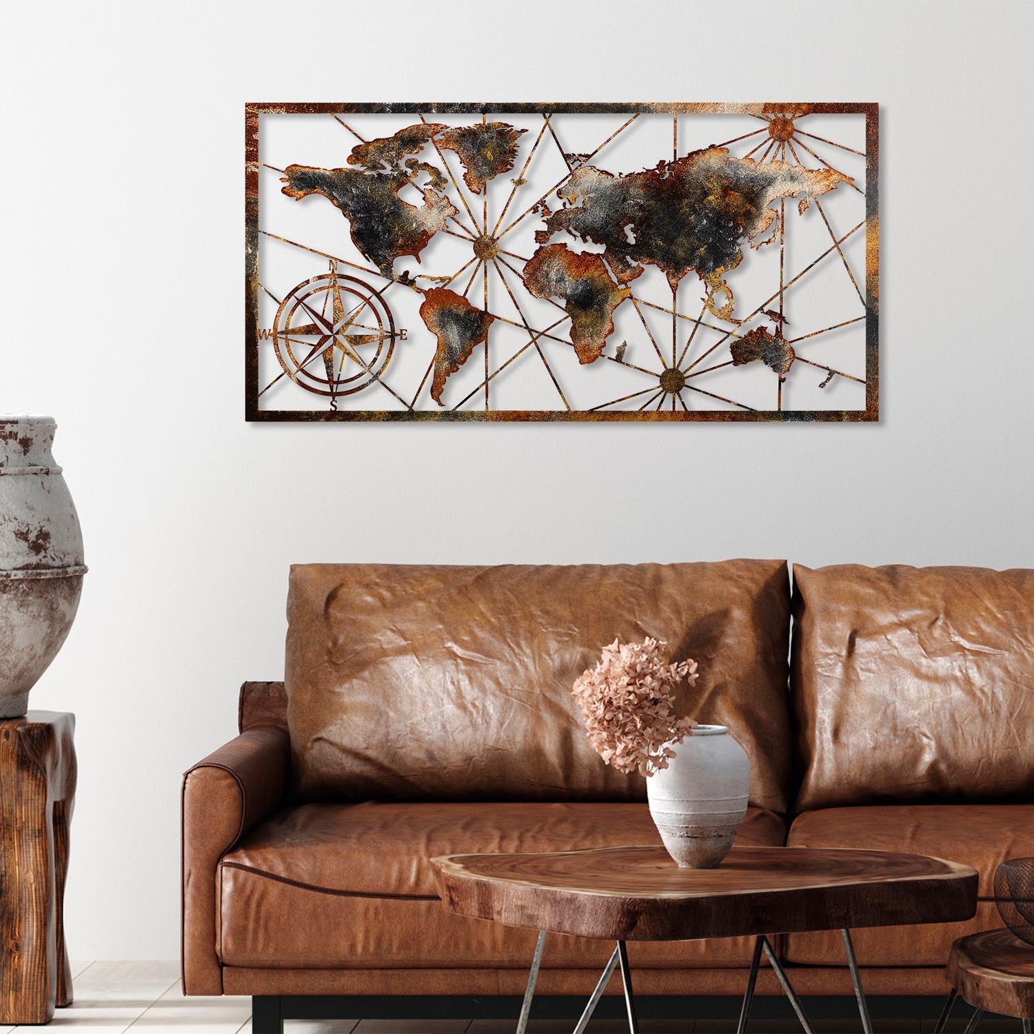 Entdecken Sie die World Map Large Wanddeko von Wallity – ein handbemaltes Metallkunstwerk, das Ihrem Raum mit lebendigen Farben und exquisiten Details Leben einhaucht.