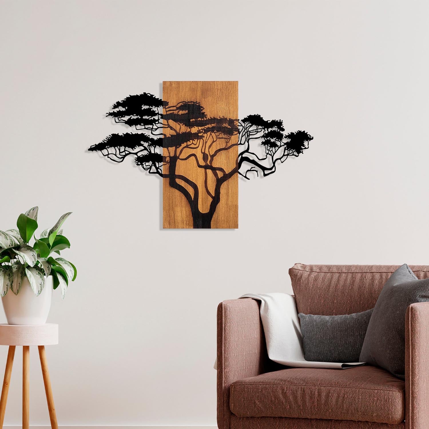 Entdecken Sie die Acacia Tree Wanddeko in Walnuss Schwarz von Wallity – ein einzigartiges Holzkunstwerk, das jedem Raum Wärme und Charakter verleiht.