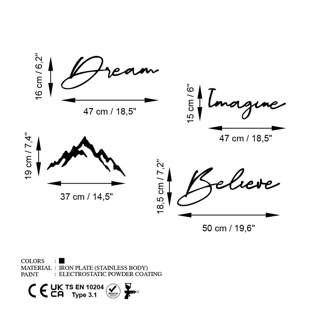 Verleihen Sie Ihrem Raum mit der Wanddeko "Dream Imagine Believe" von Wallity in edlem Schwarz einen Hauch von Eleganz und Stil.