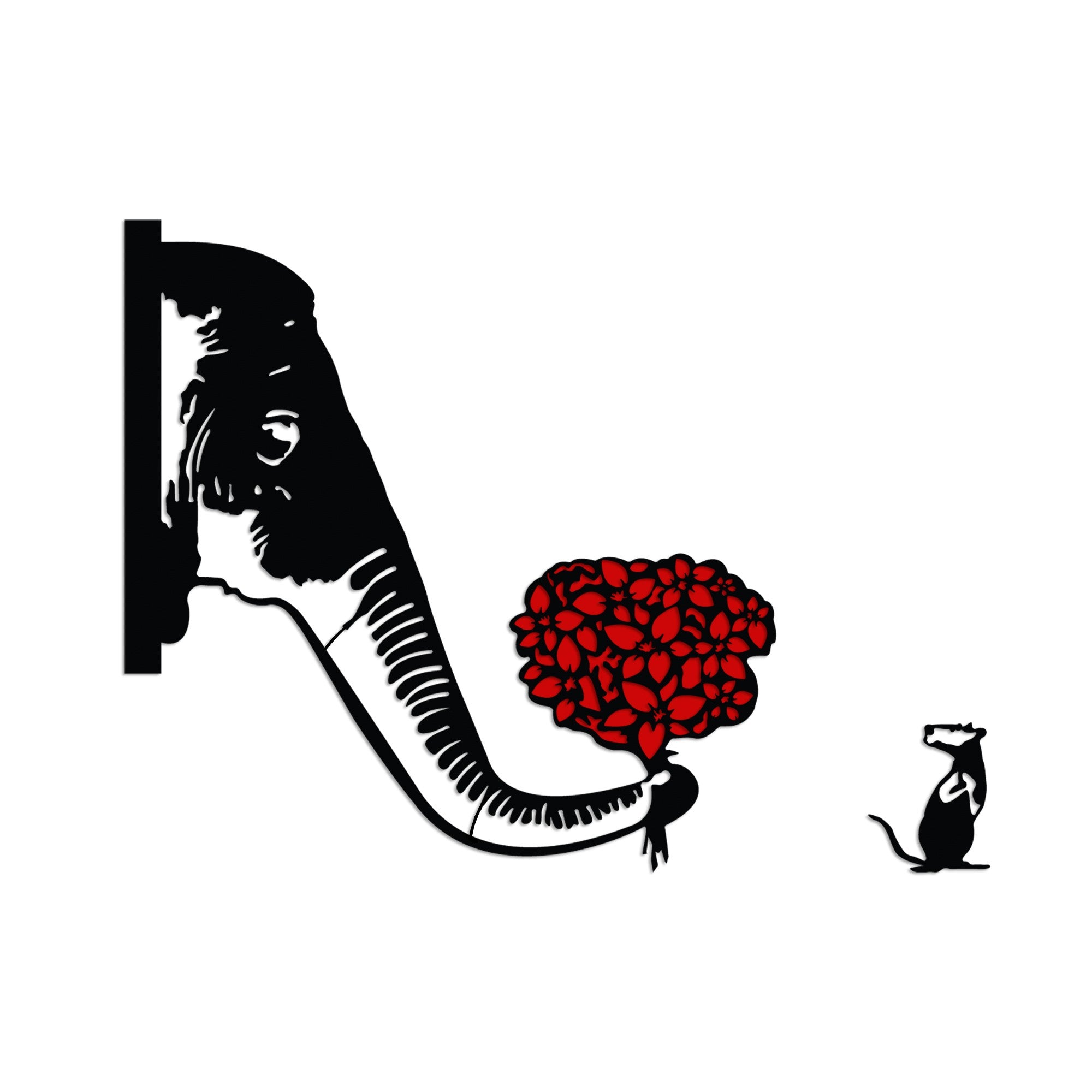 Verleihen Sie Ihrem Zuhause mit der Banksy Metal 04 Wanddeko von Wallity einen Hauch von Kunst und Stil. Dieses einzigartige Metallstück in Schwarz-Rot ist ein echter Blickfang!