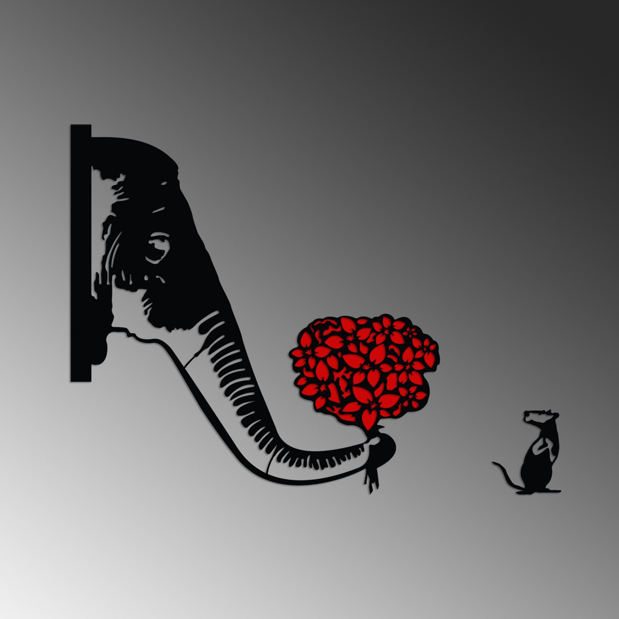 Gestalten Sie Ihre Wände neu mit der Banksy Metal 04 Wanddeko von Wallity. Dieses elegante Metallkunstwerk in Schwarz-Rot bringt Charakter und Stil in jeden Raum!