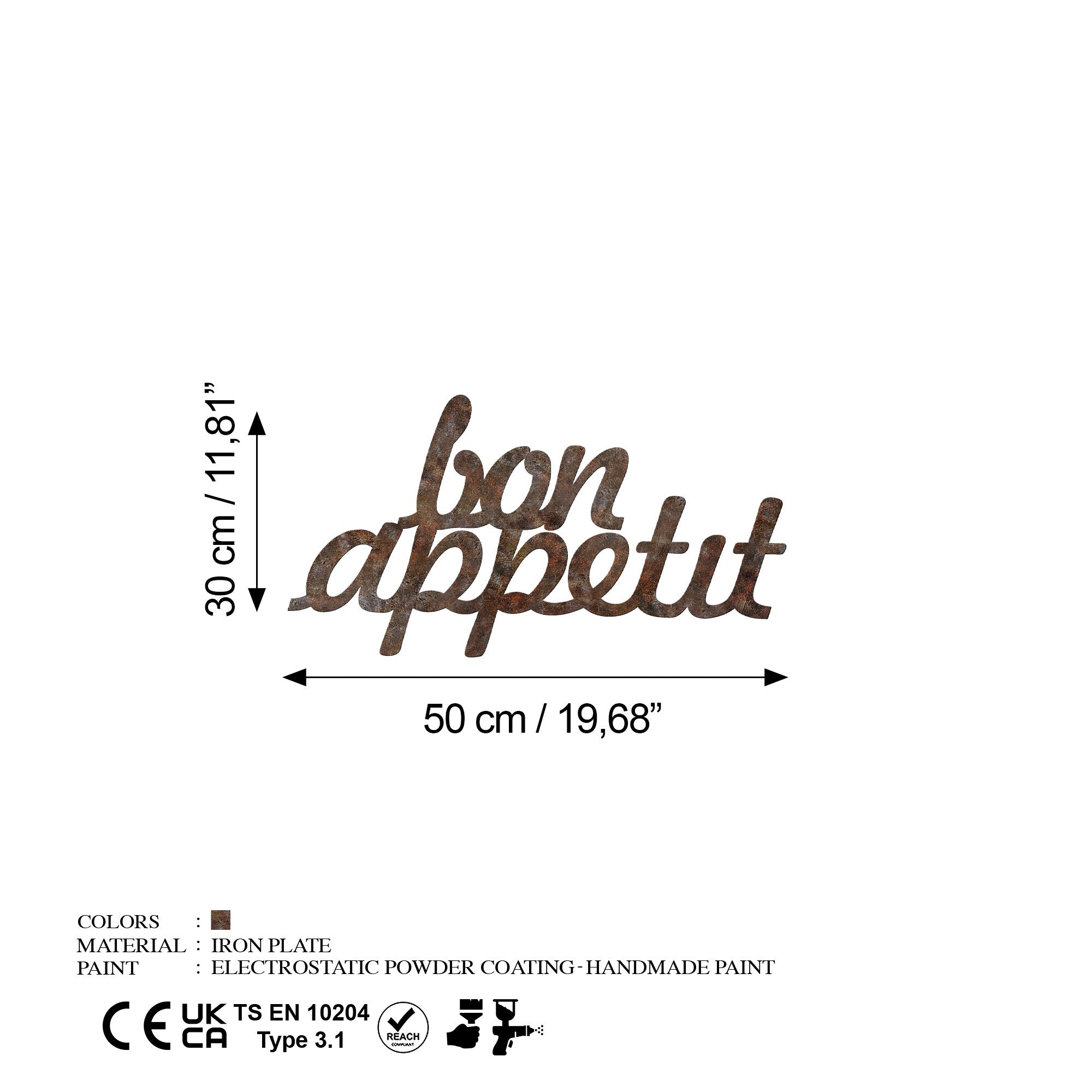 Entdecken Sie die Rusty Bon Appetit Wanddeko von Wallity – ein handgefertigtes Metallkunstwerk, das jedem Raum Eleganz und Charakter verleiht.