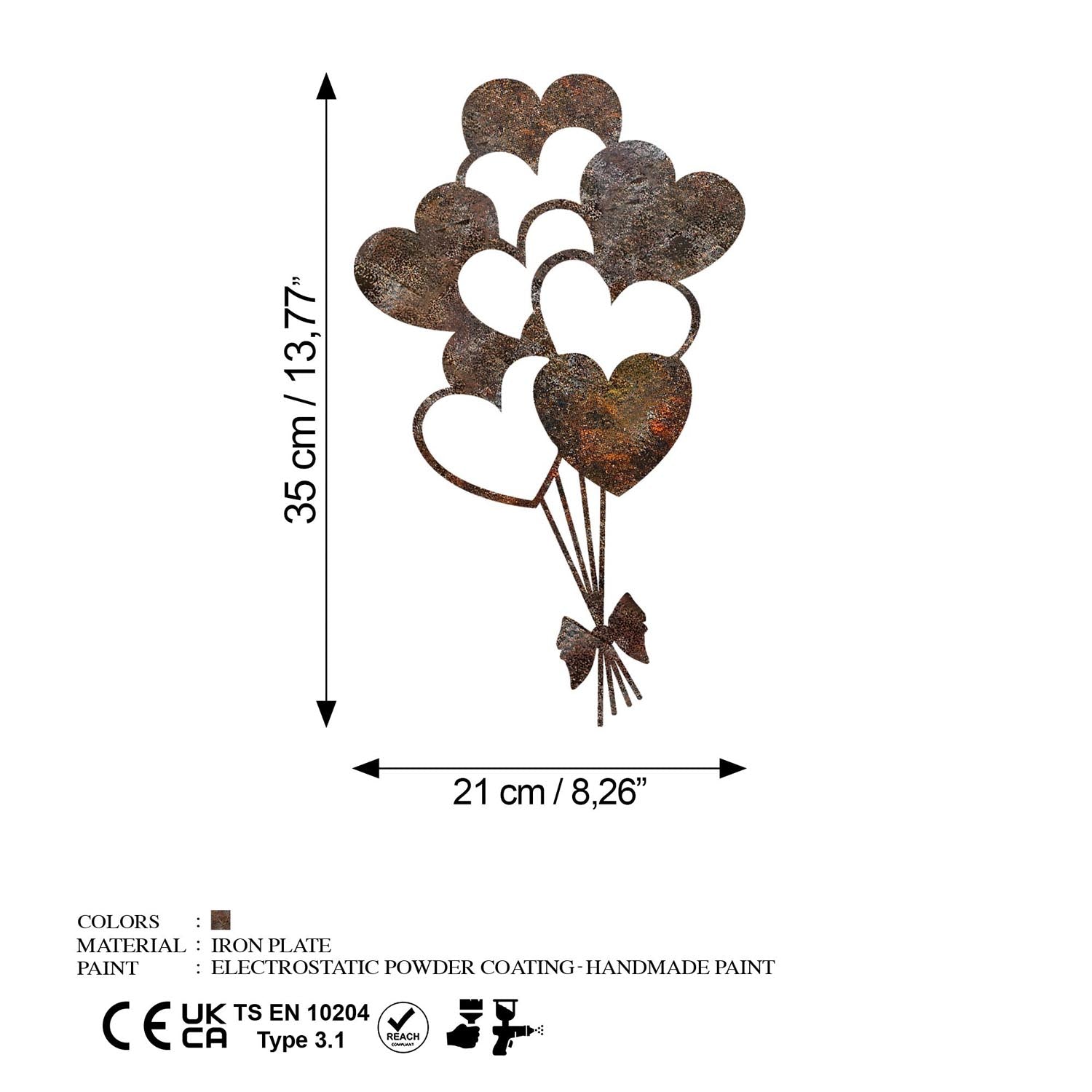 Verleihen Sie Ihrem Wohnraum mit der handbemalten Wanddeko Rusty Heart 1 von Wallity einen eleganten Vintage-Charme aus Metall.