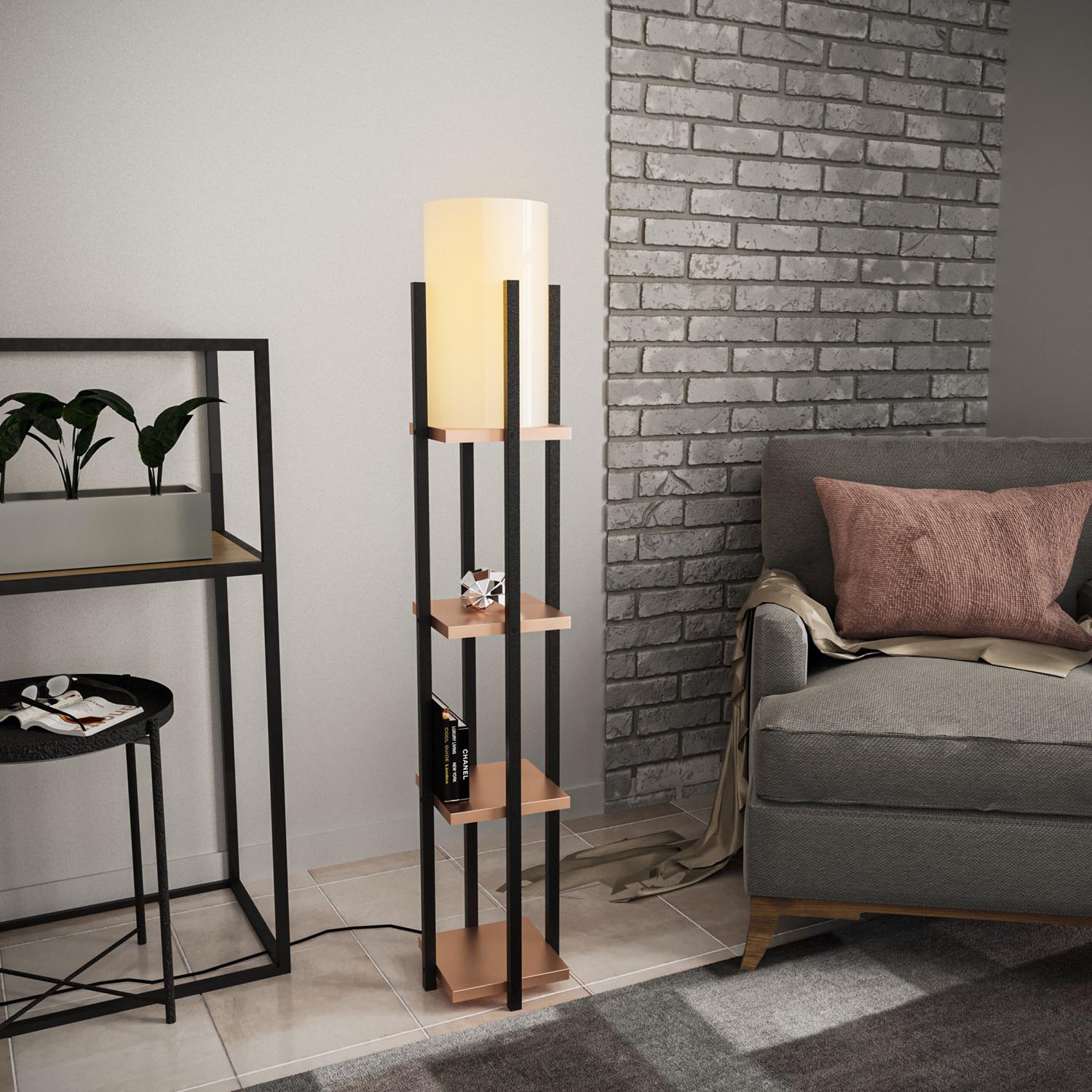 Elegante Shelf Lamp Stehleuchte in Schwarz und Kupfer von Opviq. Ideal für gemütliche Atmosphäre und stilvolle Einrichtung. Jetzt entdecken!