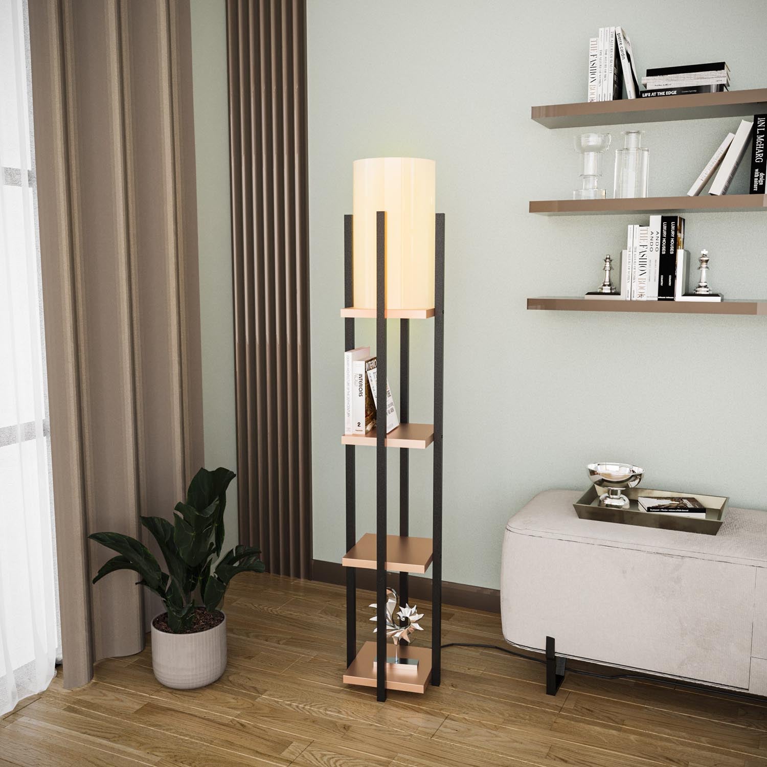 Moderne Shelf Lamp Stehleuchte in Schwarz und Kupfer von Opviq. Perfekte Beleuchtung für jeden Raum, schafft eine einladende Stimmung. Jetzt kaufen!