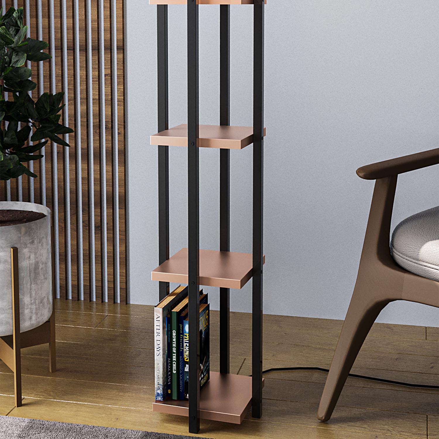 Elegante Shelf Lamp Stehleuchte in Schwarz und Kupfer von Opviq. Ideal für gemütliche Atmosphäre und stilvolle Einrichtung. Jetzt entdecken!