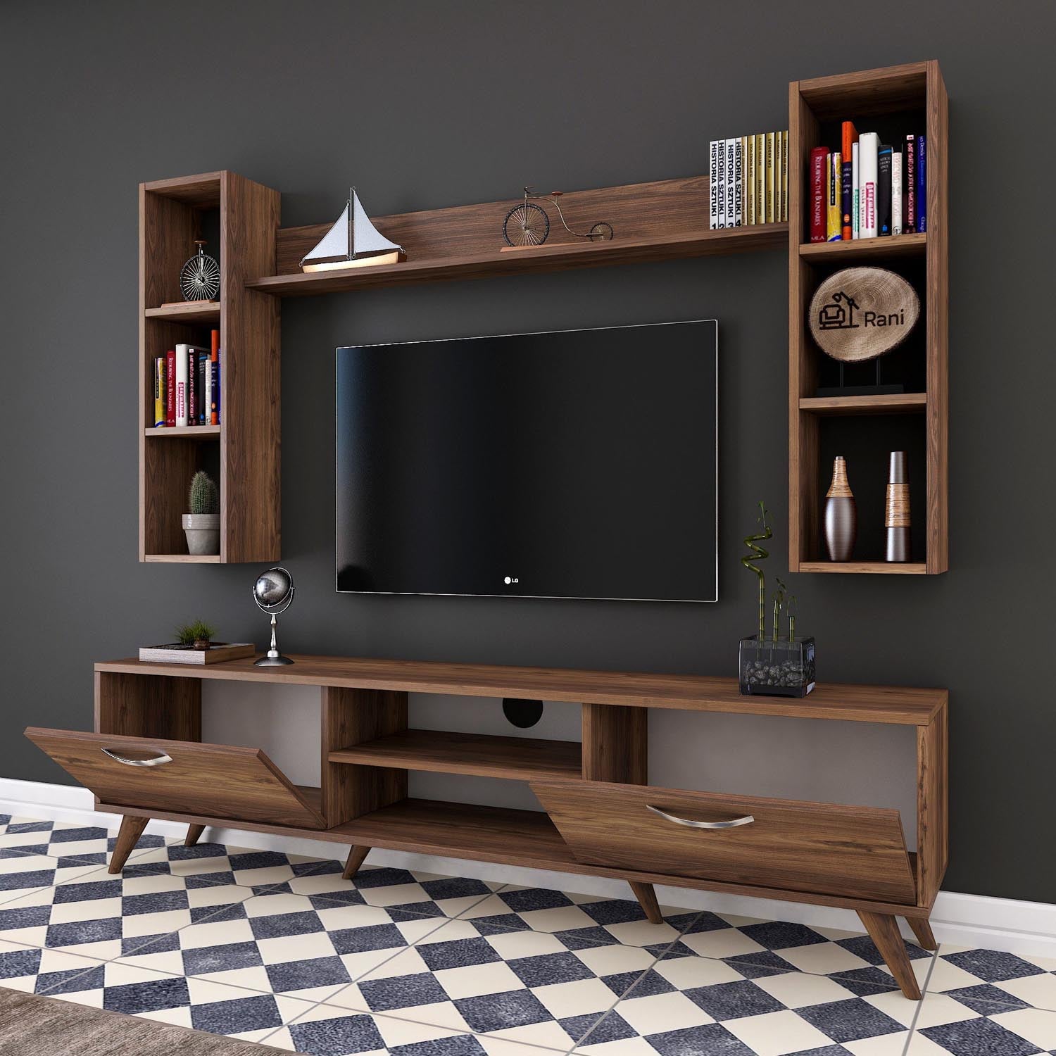 Verleihen Sie Ihrem Wohnraum mit dem M5 TV-Möbel in Walnuss von Hanah Home einen eleganten Akzent. Funktionalität trifft auf modernes Design!