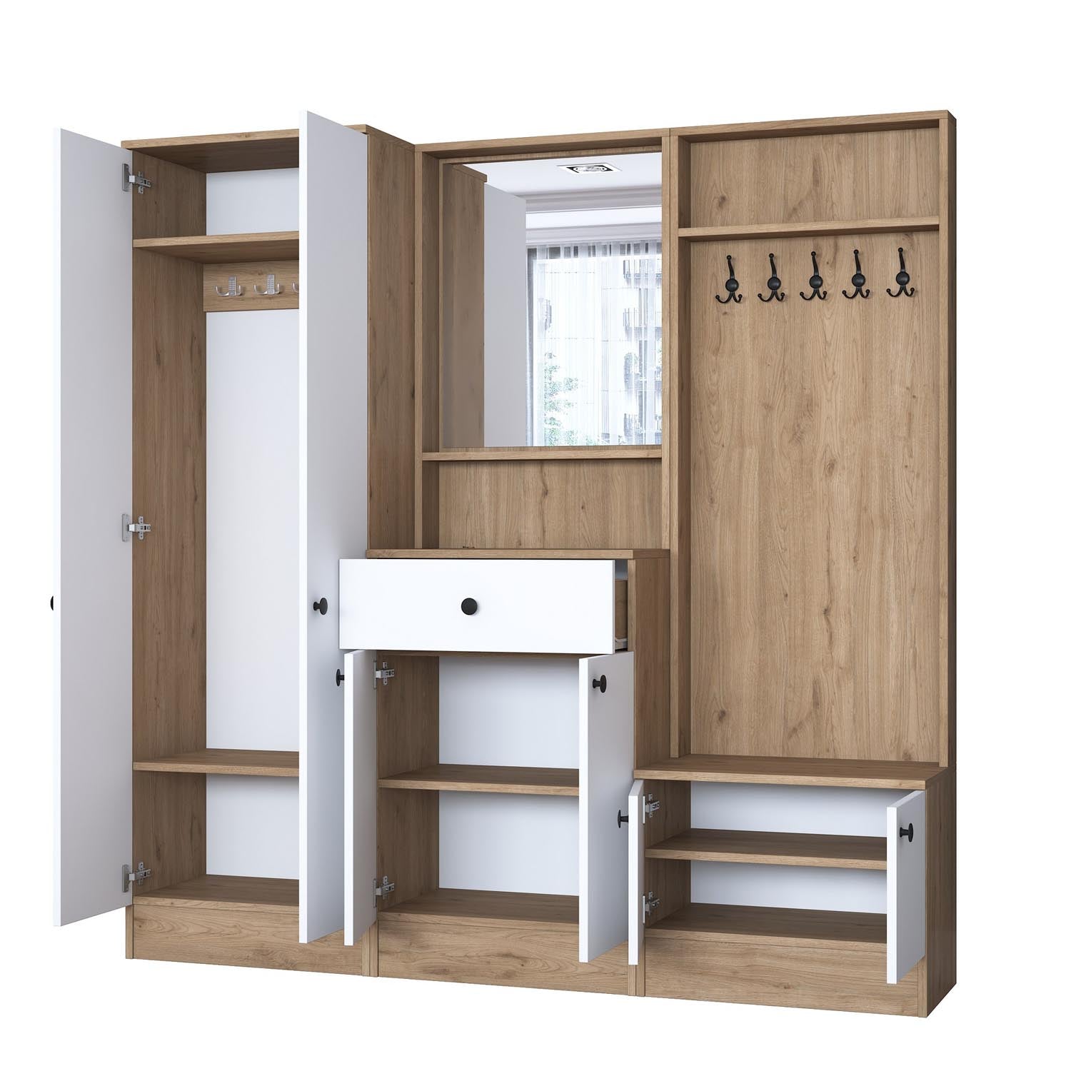 Verleihen Sie Ihrem Eingangsbereich mit der P6 Garderobe von Hanah Home in elegantem Weiß und Walnuss einen Hauch von Stil und Ordnung.