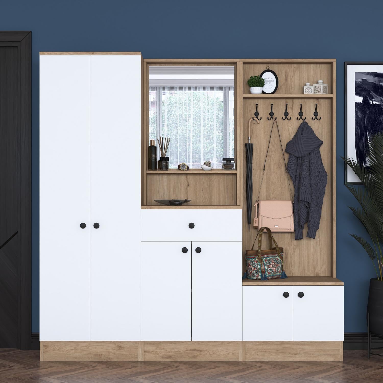 Entdecken Sie die stilvolle P6 Garderobe in Weiß und Walnuss von Hanah Home – ideal für einen organisierten Flur mit elegantem Design.