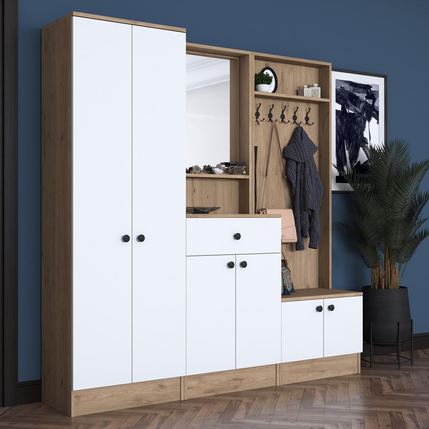 Gestalten Sie Ihren Flur mit der P6 Garderobe von Hanah Home in Weiß und Walnuss – stilvoll, praktisch und ideal für jeden Eingangsbereich.