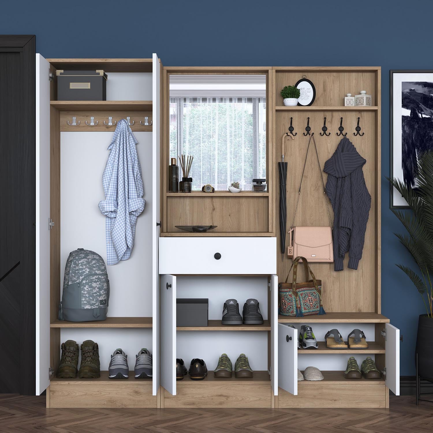 Gestalten Sie Ihren Flur mit der P6 Garderobe von Hanah Home in Weiß und Walnuss – stilvoll, funktional und ideal für jeden Eingangsbereich.