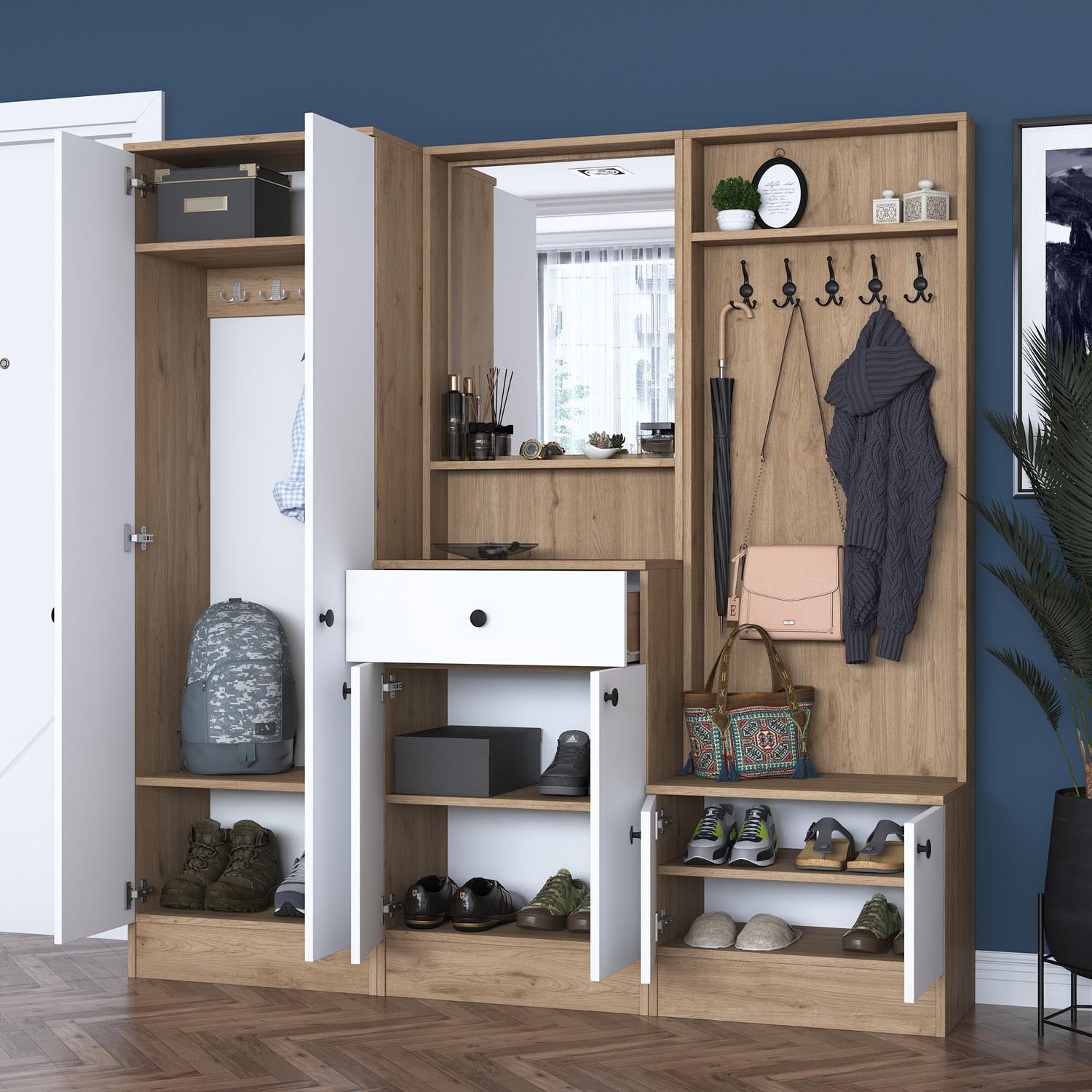 Verleihen Sie Ihrem Eingangsbereich mit der P6 Garderobe von Hanah Home in elegantem Weiß und Walnuss einen Hauch von Stil und Ordnung.