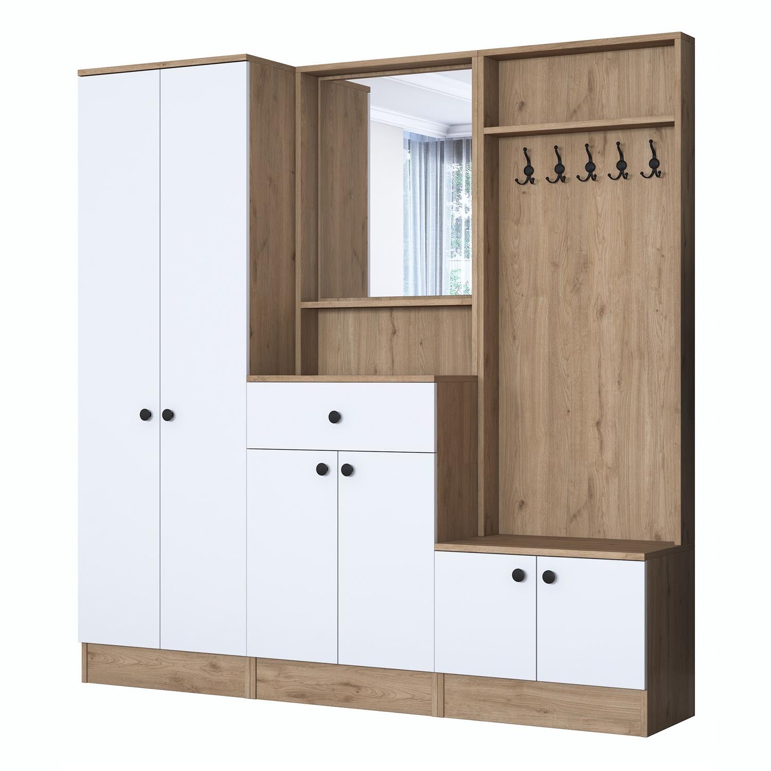 Verleihen Sie Ihrem Eingangsbereich mit der P6 Garderobe von Hanah Home in elegantem Weiß und Walnuss einen Hauch von Stil und Ordnung.