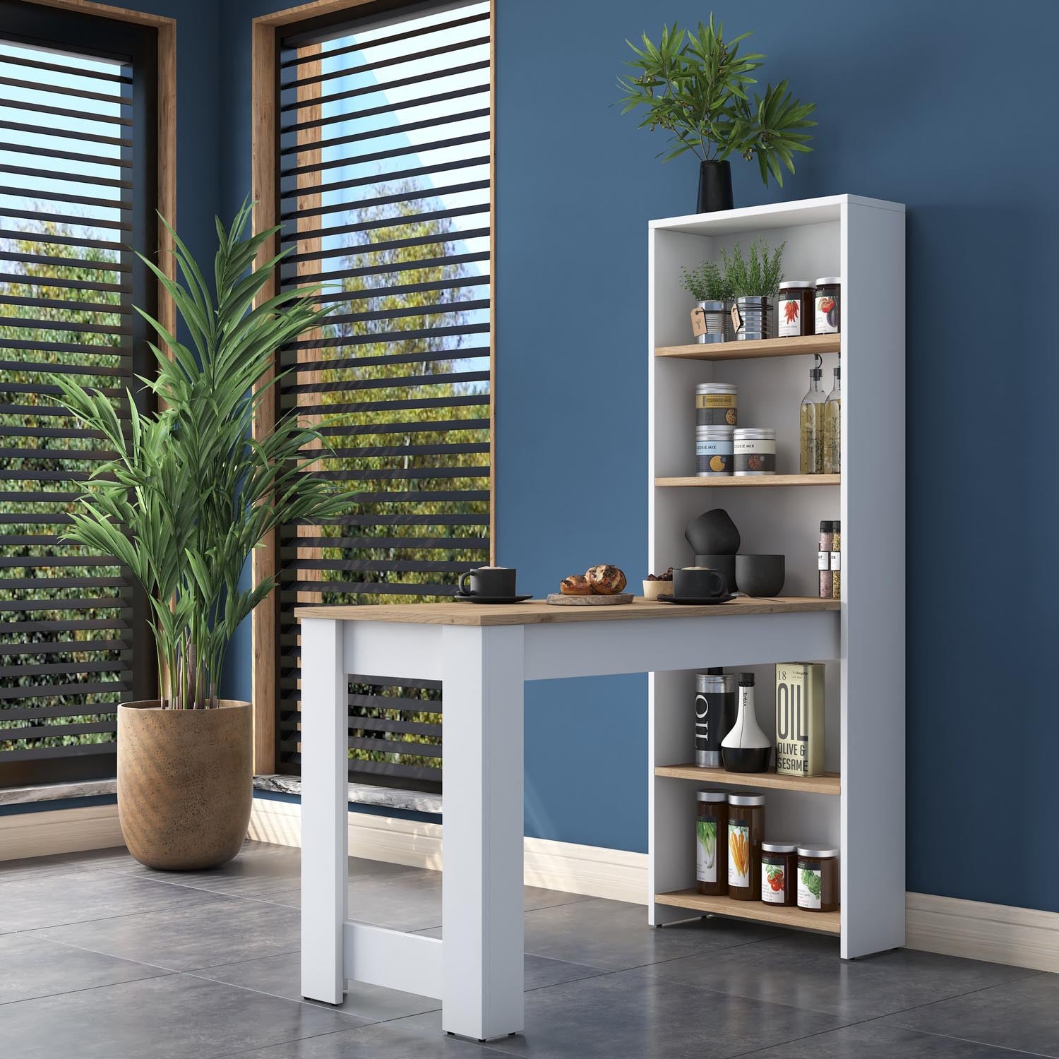 Verleihen Sie Ihrer Küche mit dem JA102 Tischsystem in Walnuss Weiß von Hanah Home skandinavischen Charme und Funktionalität.