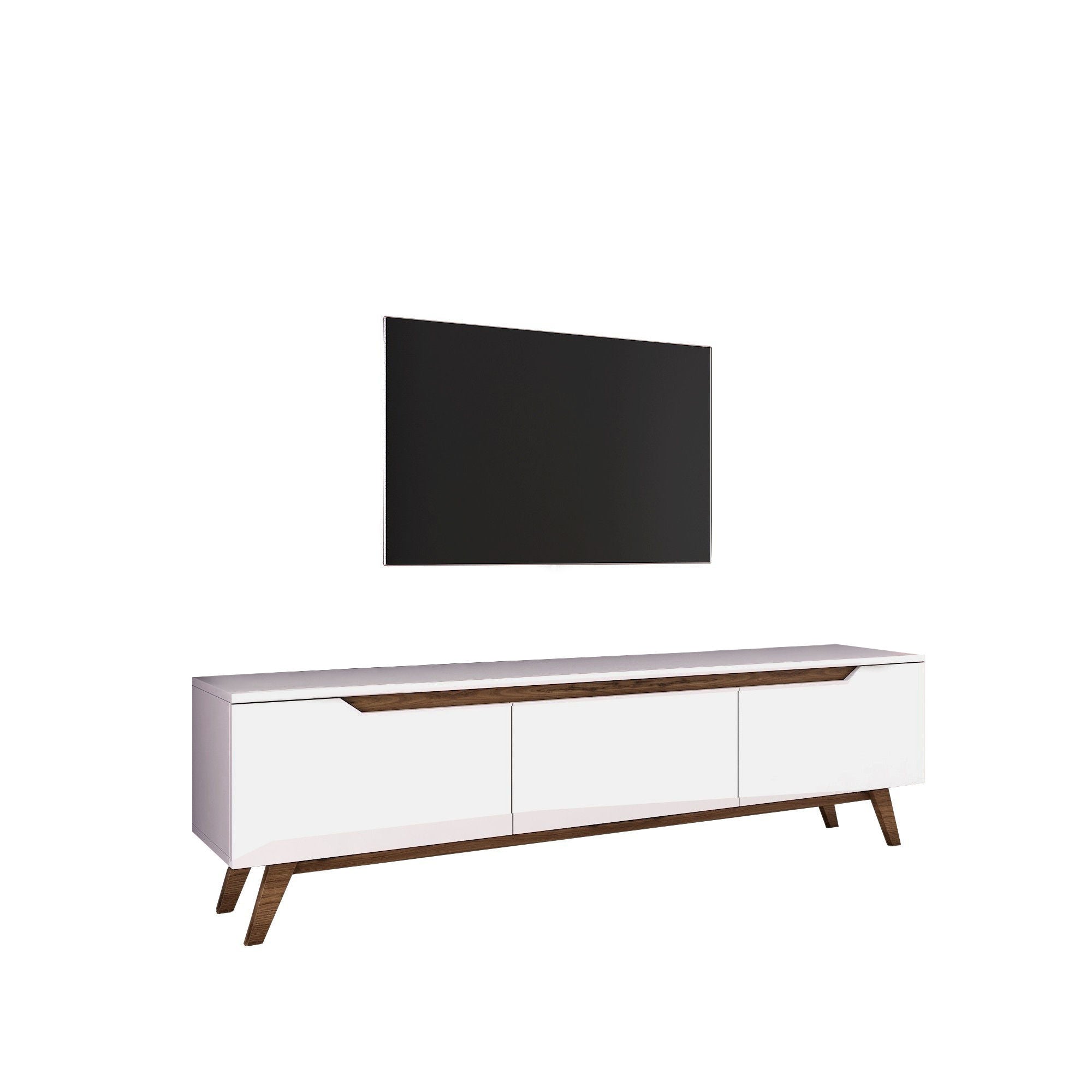 Gestalten Sie Ihr Zuhause mit dem D1 Sideboard von Hanah Home neu. Modernes Design in Weiß und Walnuss bietet eleganten Stauraum für Ihr Wohnzimmer.