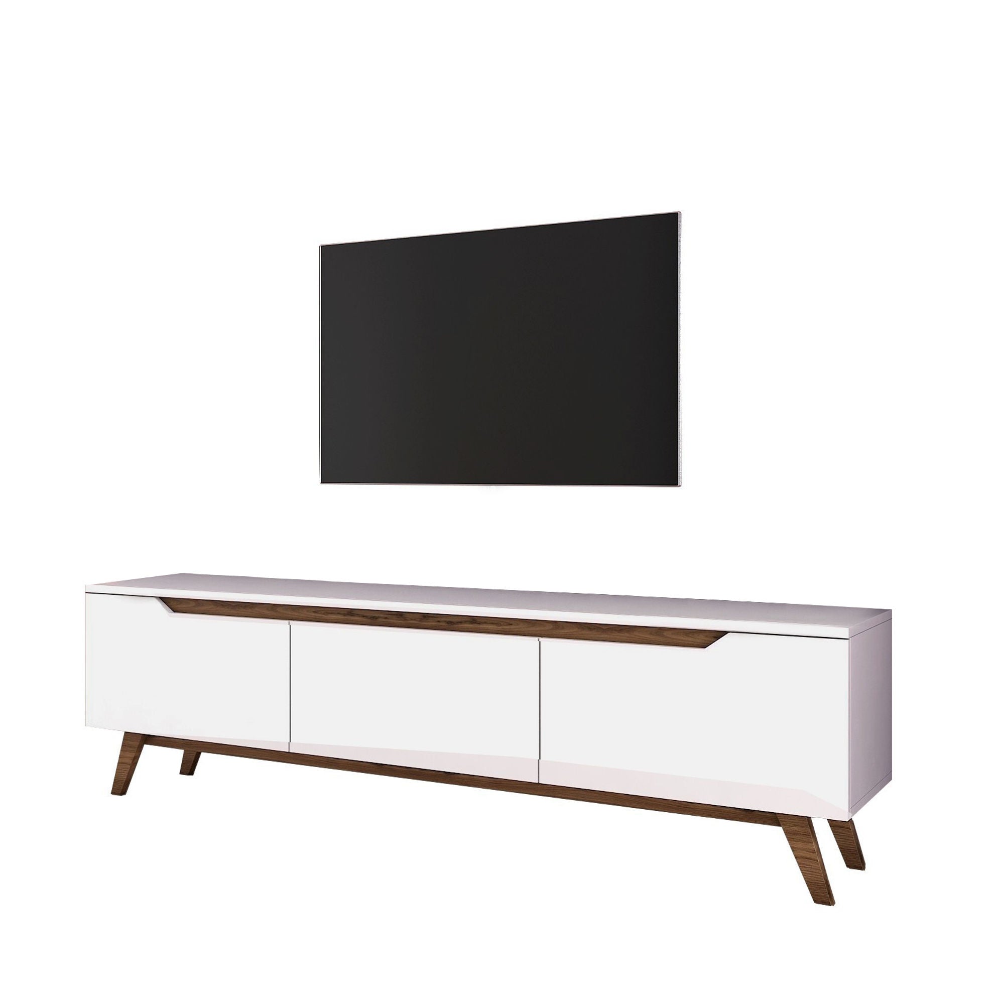 Gestalten Sie Ihr Zuhause mit dem D1 Sideboard von Hanah Home. Modernes Design in Weiß und Walnuss bietet großzügigen Stauraum und zeitlose Eleganz.