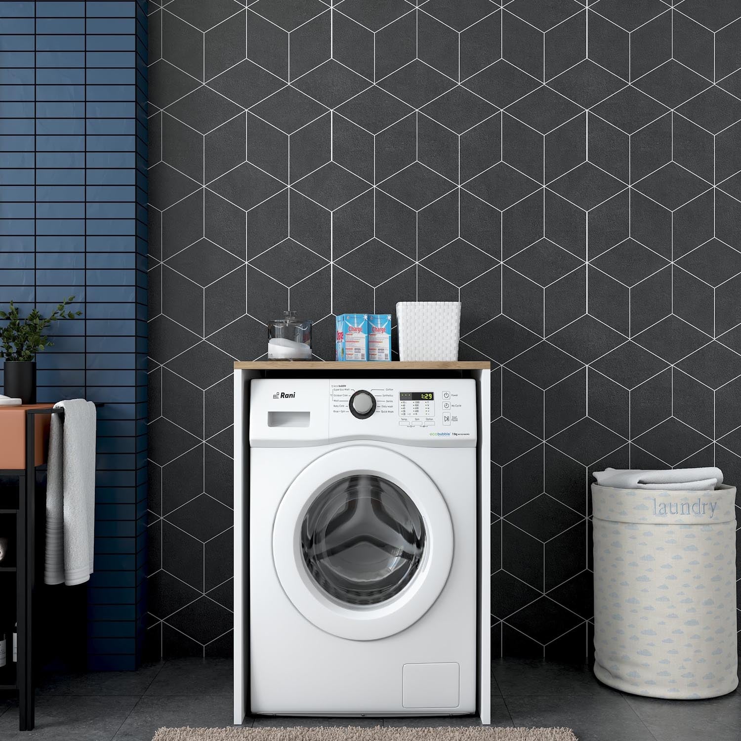 Verleihen Sie Ihrer Waschküche mit dem KD103 Standregal von Hanah Home in Walnuss und Weiß einen modernen Look – ideal für stilvollen Stauraum!