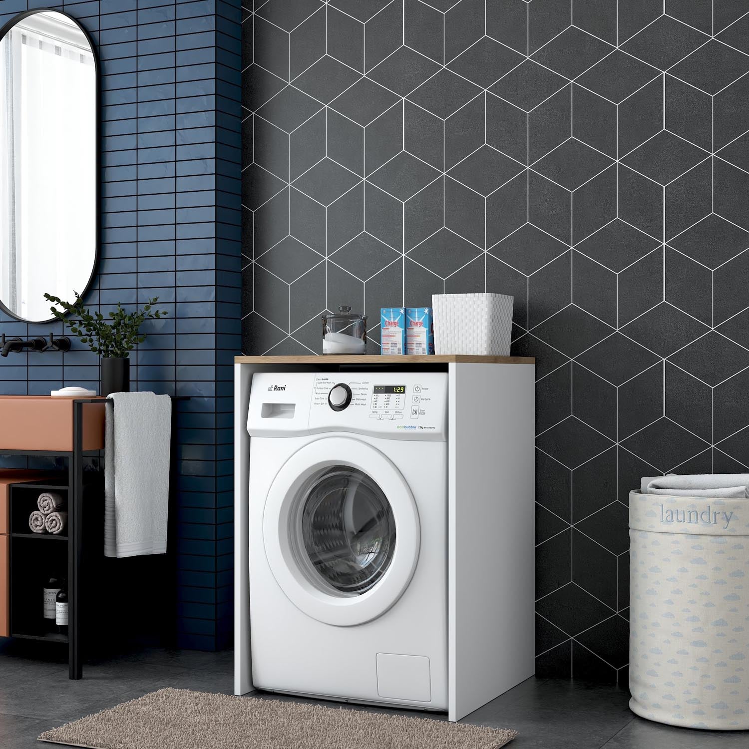 Entdecken Sie das KD103 Standregal von Hanah Home in Walnuss und Weiß – die perfekte Kombination aus Eleganz und Funktionalität für Ihre Waschküche!