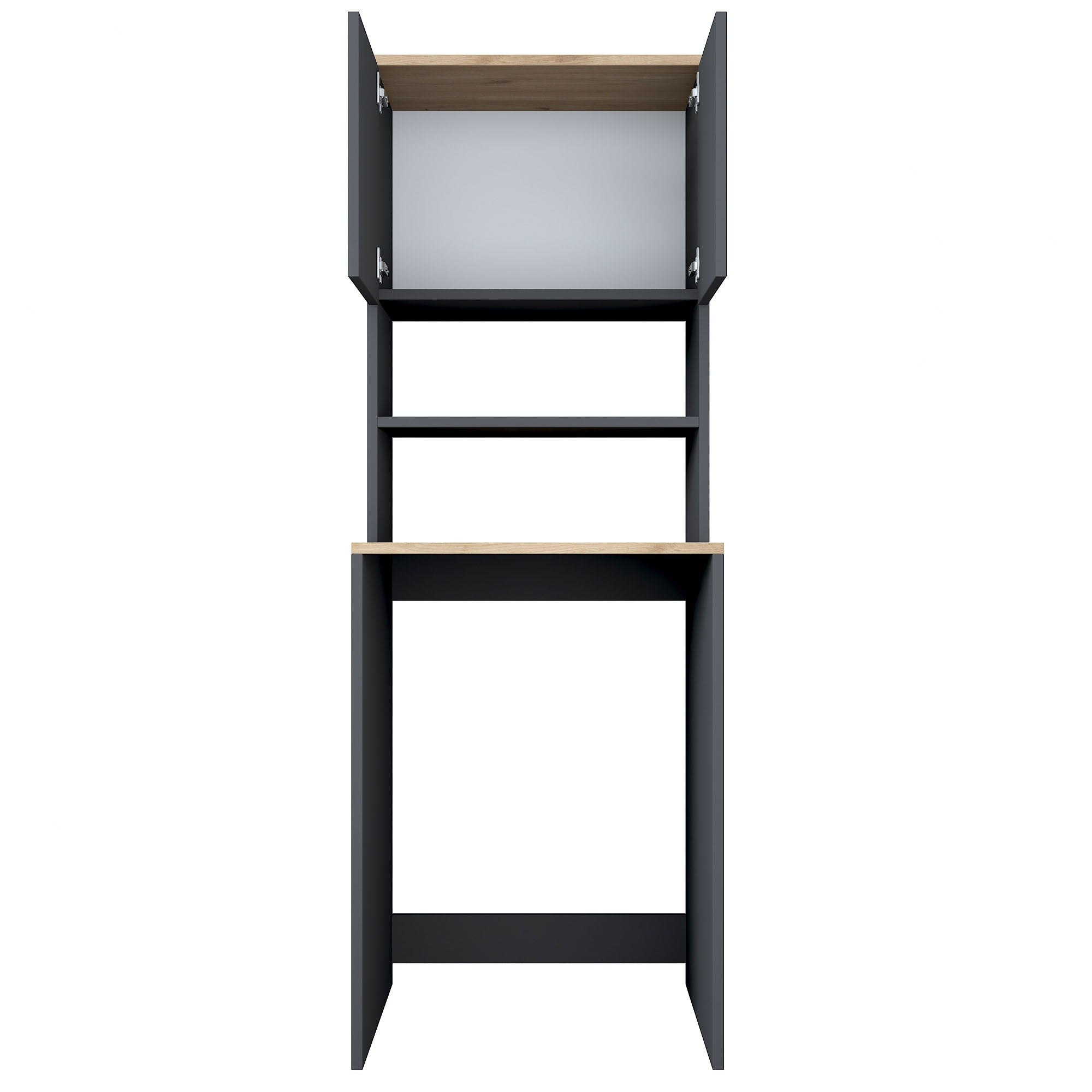 Verleihen Sie Ihrer Waschküche mit dem KD101 Standregal von Hanah Home einen modernen Touch. Das stilvolle Walnuss- und Anthrazit-Design bietet optimalen Stauraum und Eleganz.