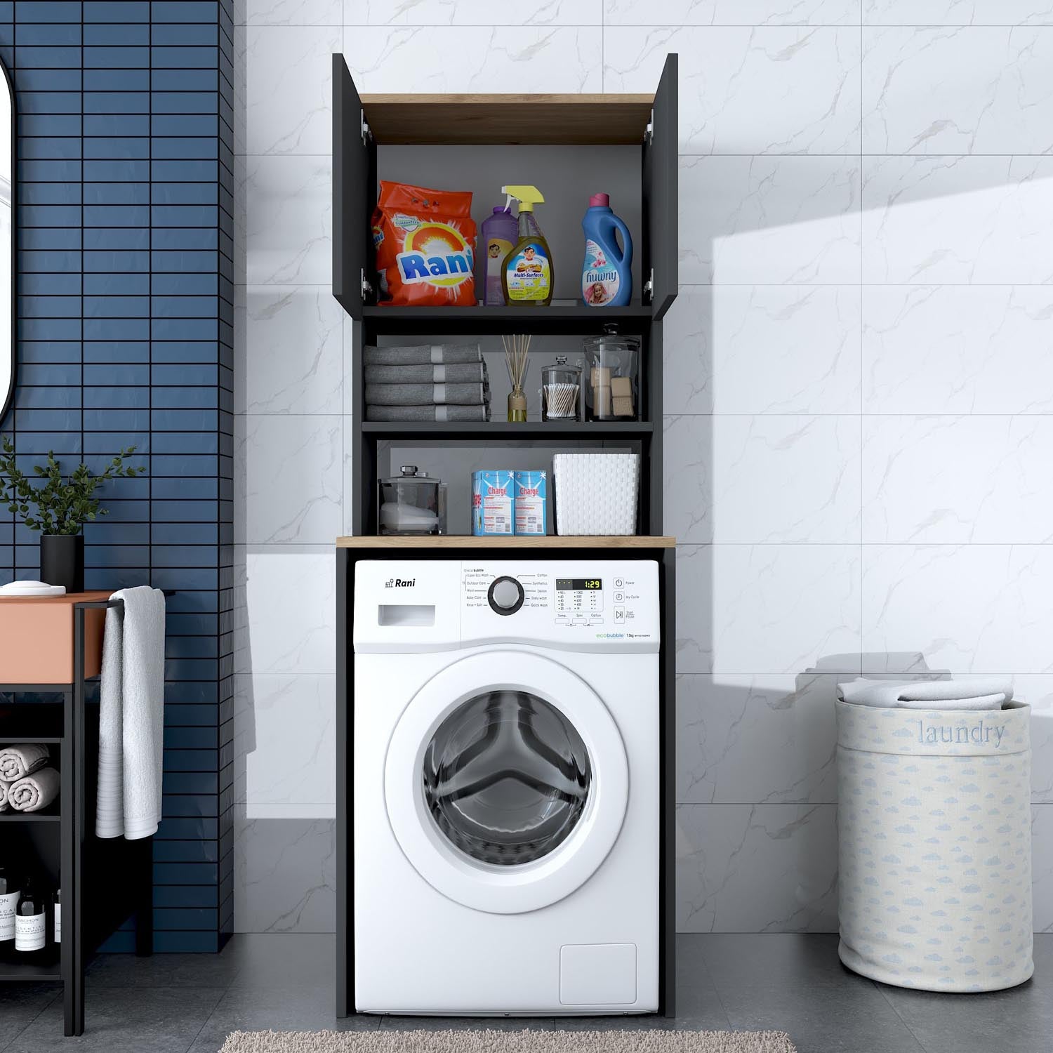 Optimieren Sie Ihren Raum mit dem eleganten KD101 Standregal in Walnuss und Anthrazit von Hanah Home. Perfekt für stilvolle Aufbewahrung!