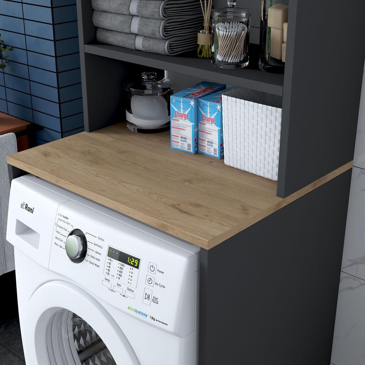 Optimieren Sie Ihre Waschküche mit dem eleganten KD101 Standregal von Hanah Home. Walnuss und Anthrazit vereinen Stil und Funktionalität!