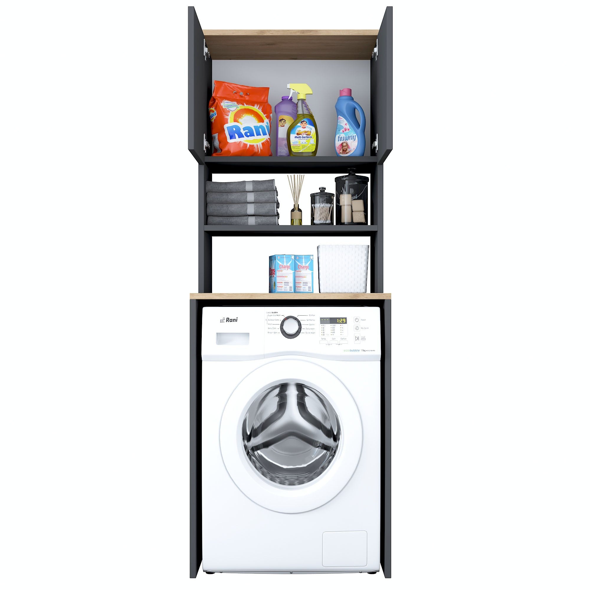 Optimieren Sie Ihre Waschküche mit dem KD101 Standregal von Hanah Home. Stilvolles Walnuss- und Anthrazit-Design vereint Funktionalität und Eleganz!