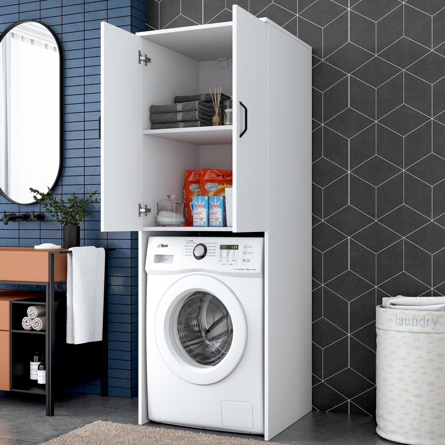 Gestalten Sie Ihre Waschküche neu mit dem KD110 Standregal von Hanah Home in elegantem Weiß – ideal für Ordnung und Stil.