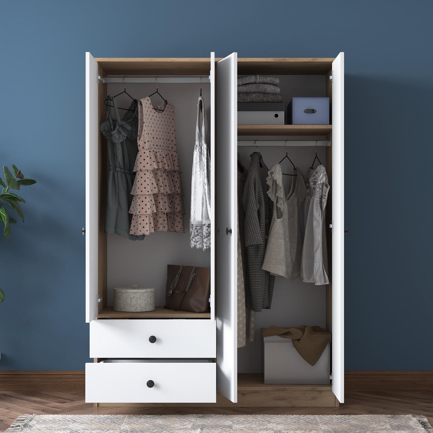 Gestalten Sie Ihr Schlafzimmer mit der BA108 Garderobe von Hanah Home in Walnuss und Weiß. Skandinavisches Design trifft auf funktionalen Stauraum.