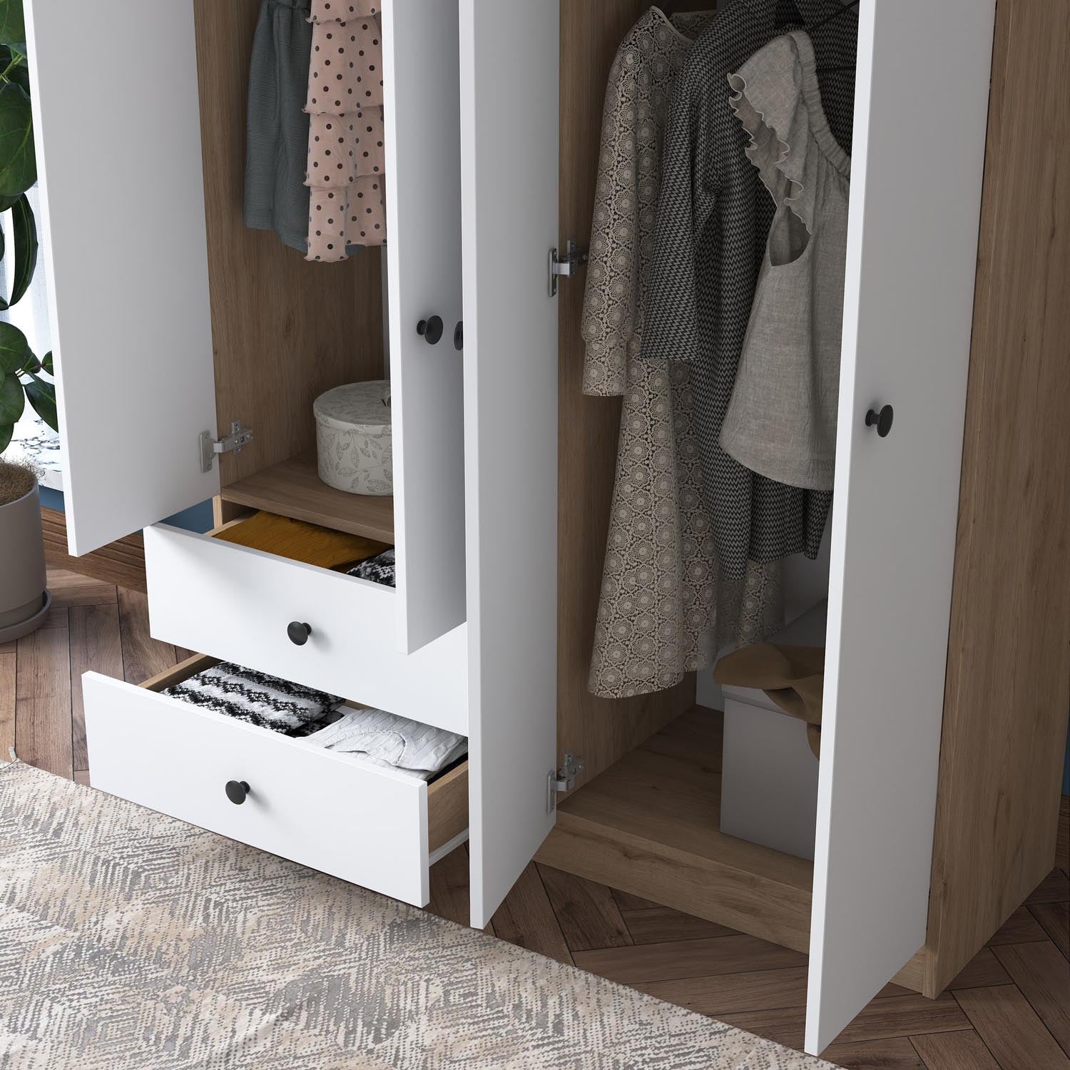Verleihen Sie Ihrem Raum mit der BA108 Garderobe von Hanah Home in Walnuss und Weiß einen Hauch skandinavischer Eleganz und optimalen Stauraum.