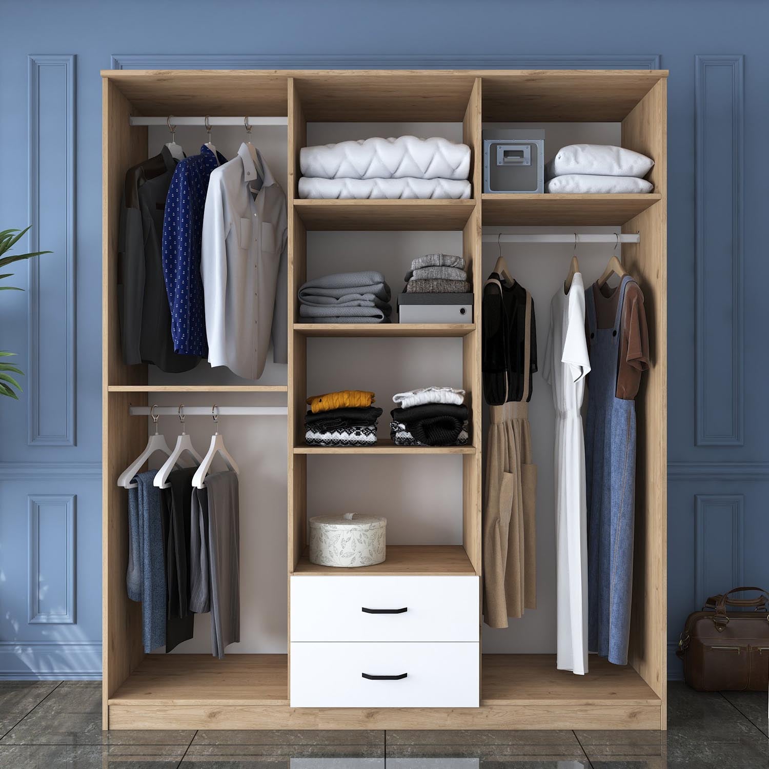 Entdecken Sie die stilvolle BA113 Garderobe von Hanah Home in Walnuss und Weiß – die perfekte Lösung für ein organisiertes Schlafzimmer!