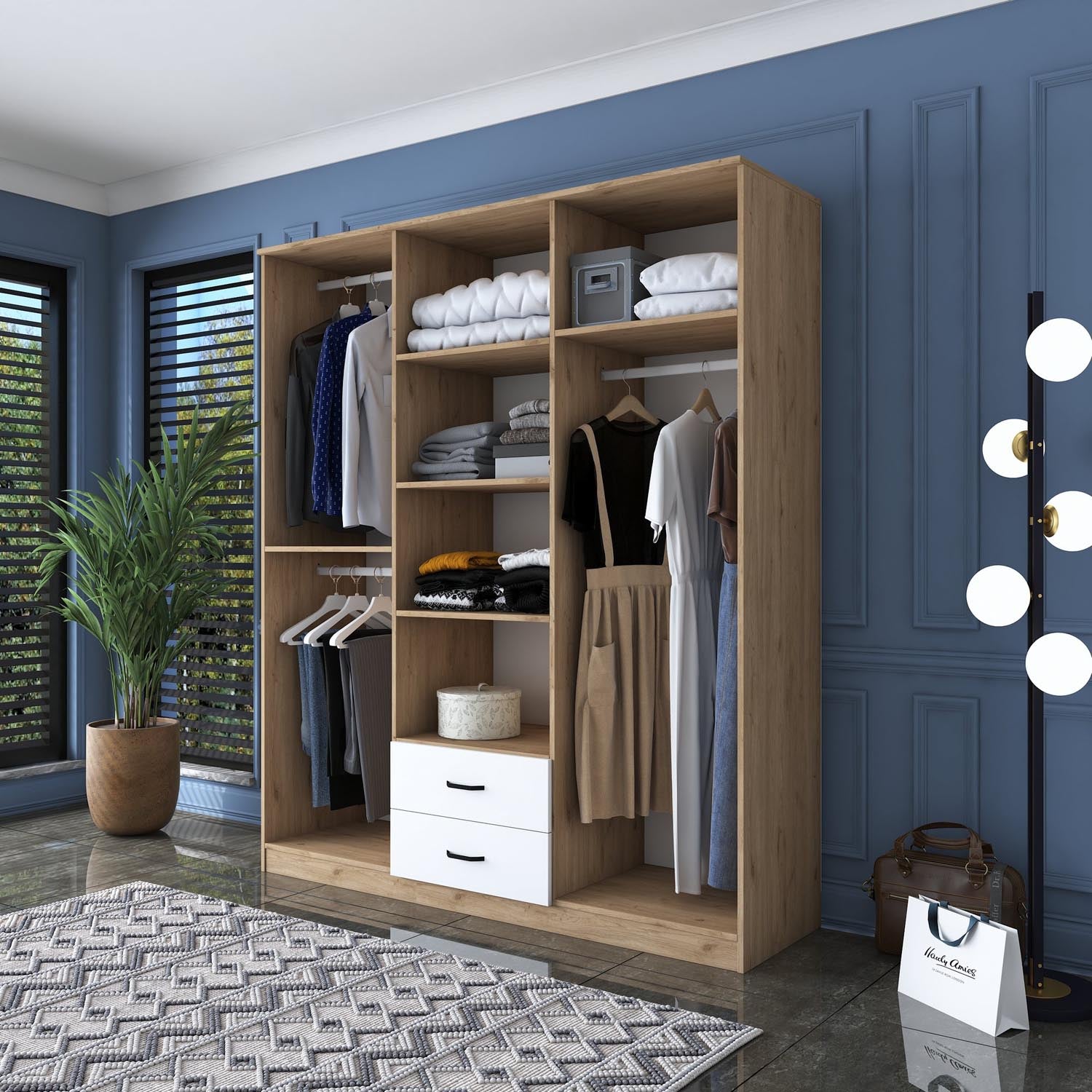Verleihen Sie Ihrem Schlafzimmer mit der eleganten BA113 Garderobe von Hanah Home in Walnuss und Weiß einen Hauch von Stil und Ordnung!