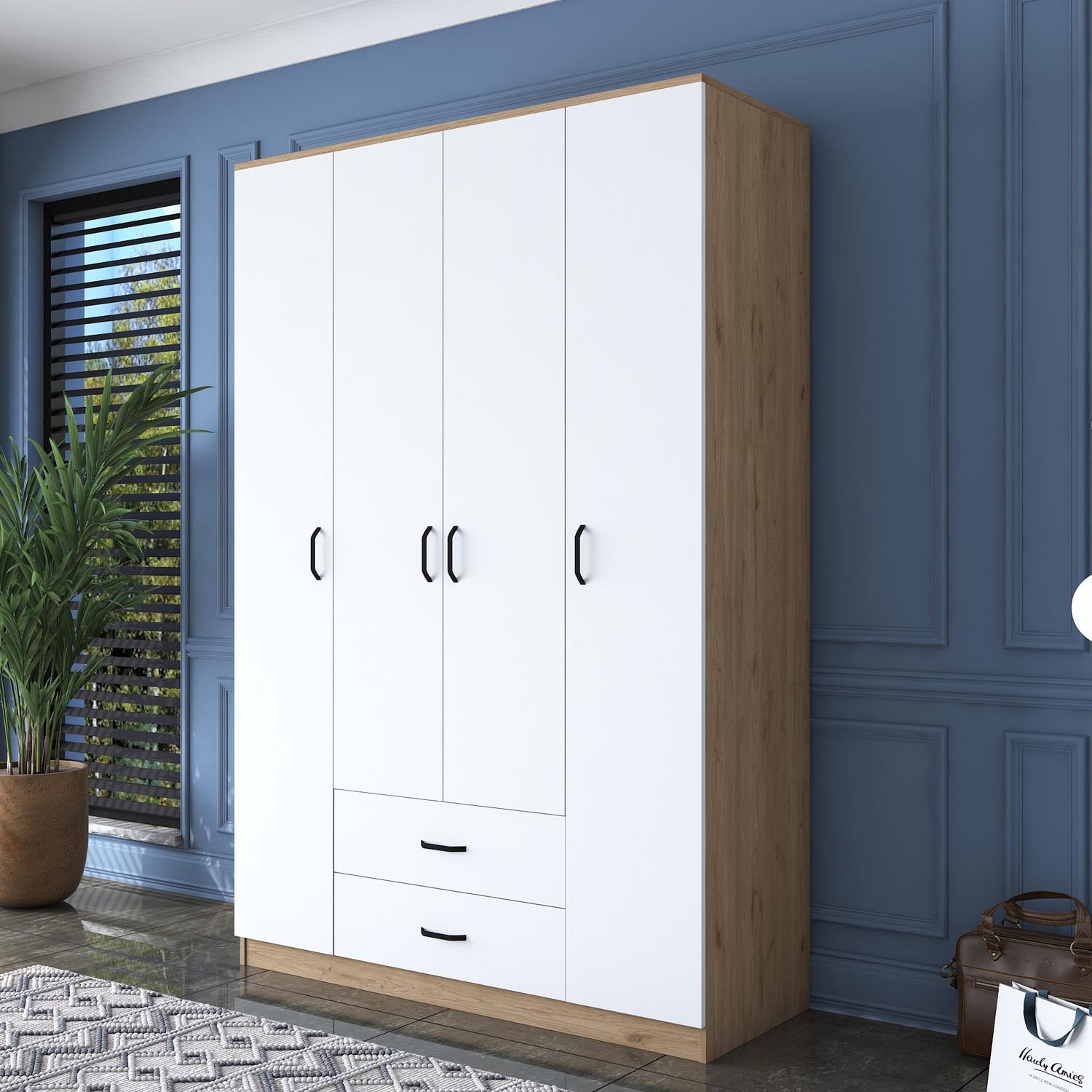 Eleganter BA112 Kleiderschrank in Walnuss und Weiß von Hanah Home. Stilvoll, geräumig und langlebig – die perfekte Lösung für Ihr Schlafzimmer!