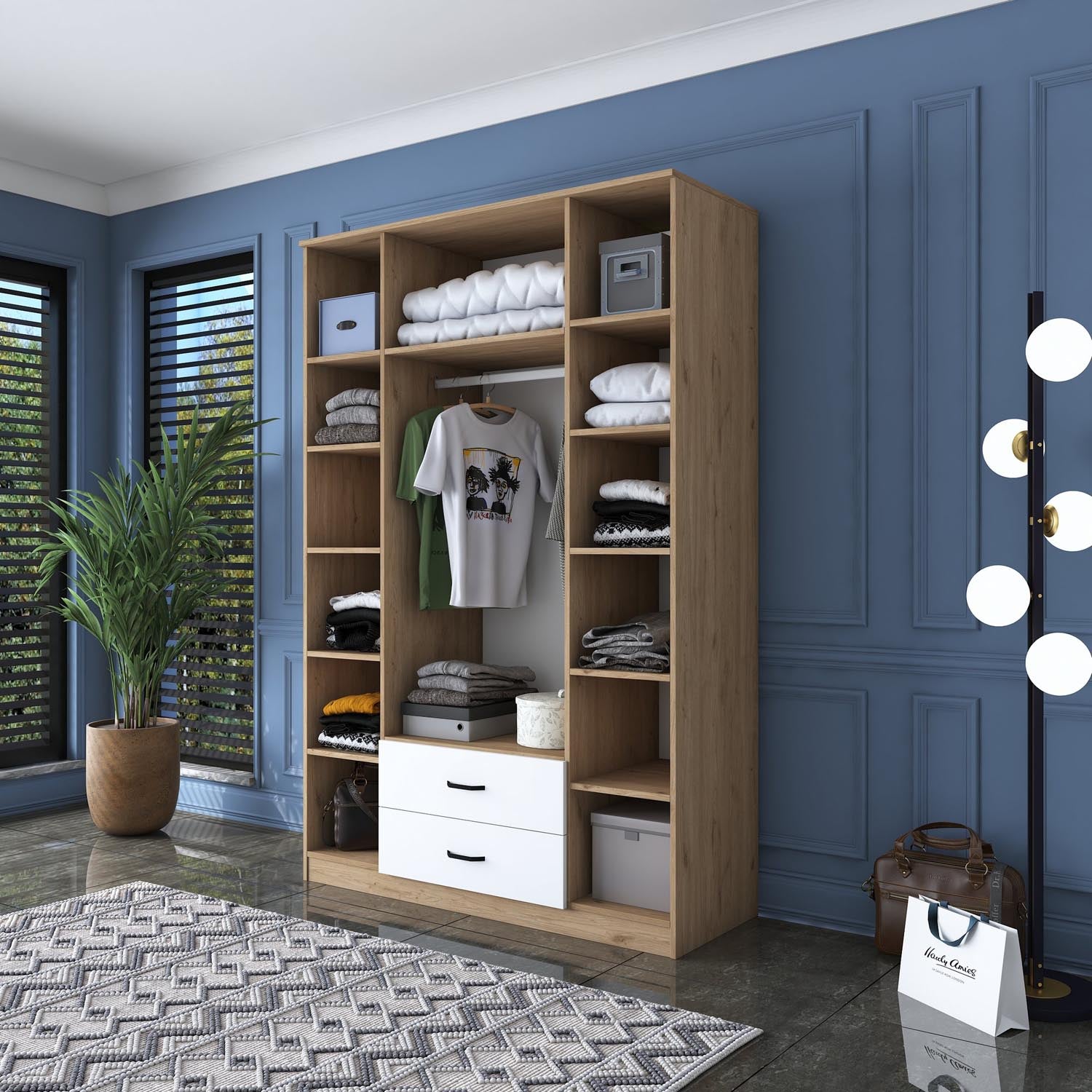 Moderner Kleiderschrank BA112 von Hanah Home in edlem Walnuss-Weiß. Funktional, langlebig und ideal für eine stilvolle Raumgestaltung.