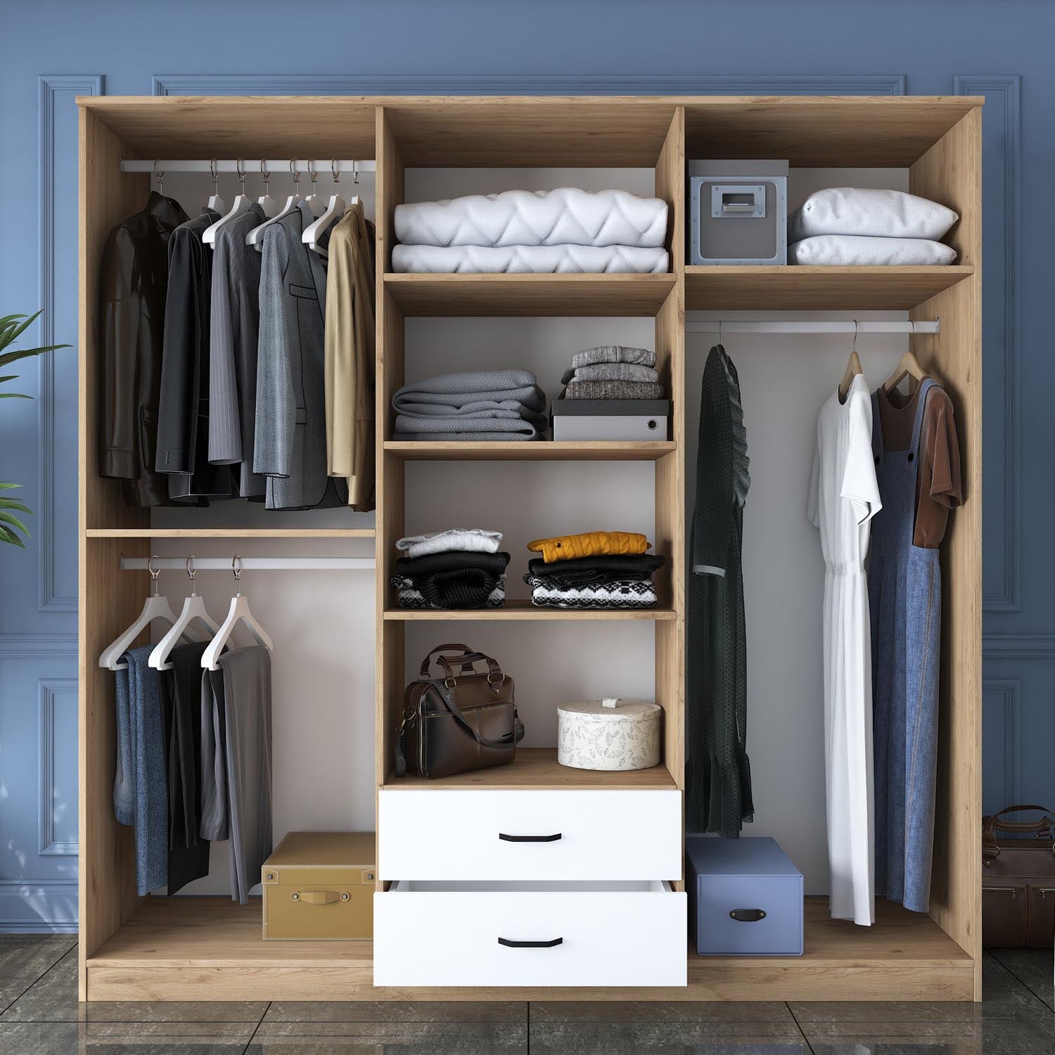 Verleihen Sie Ihrem Schlafzimmer mit der stilvollen BA111 Garderobe in Walnuss und Weiß von Hanah Home Eleganz und Funktionalität – ideal für jeden Einrichtungsstil.