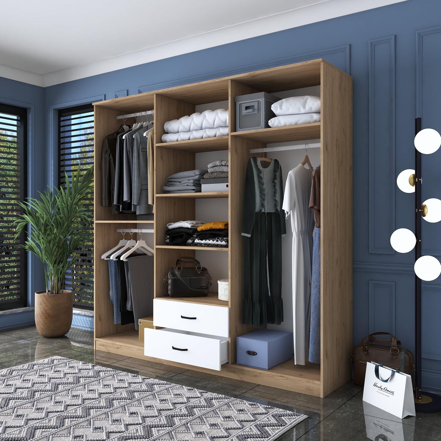 Optimieren Sie Ihr Schlafzimmer mit der BA111 Garderobe von Hanah Home in Walnuss und Weiß – ein elegantes Möbelstück, das Stil und Stauraum vereint.