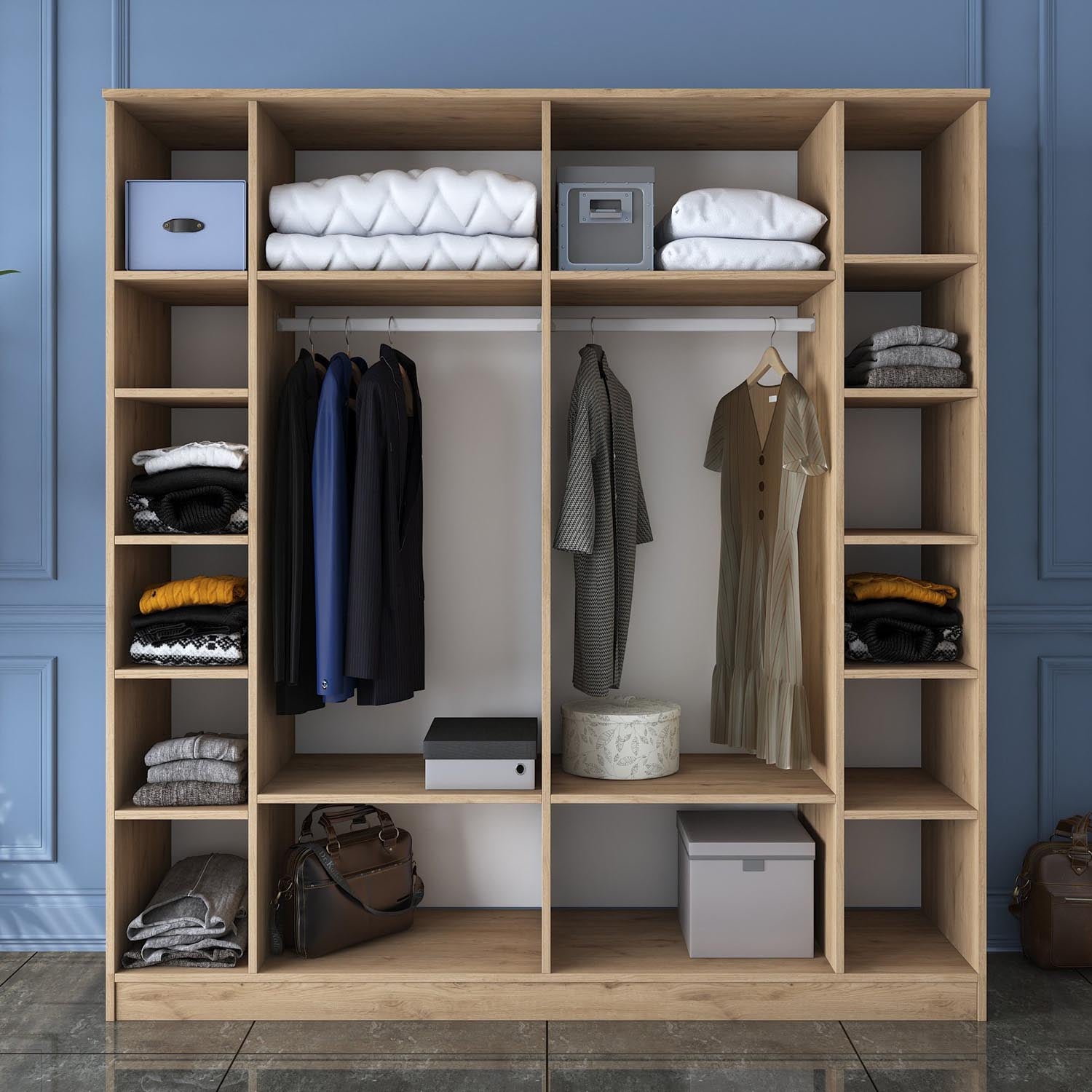 Verleihen Sie Ihrem Schlafzimmer mit der BA114 Garderobe von Hanah Home in Walnuss und Weiß einen Hauch von Eleganz und optimalem Stauraum!