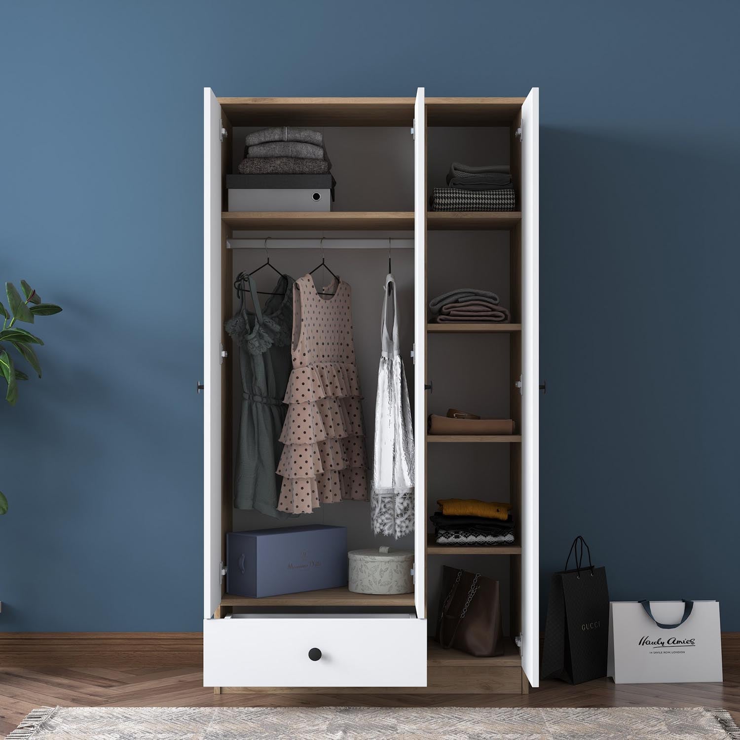 Verleihen Sie Ihrem Raum mit der stilvollen BA117 Garderobe in Walnuss und Weiß von Hanah Home einen modernen Touch. Praktisch und langlebig!