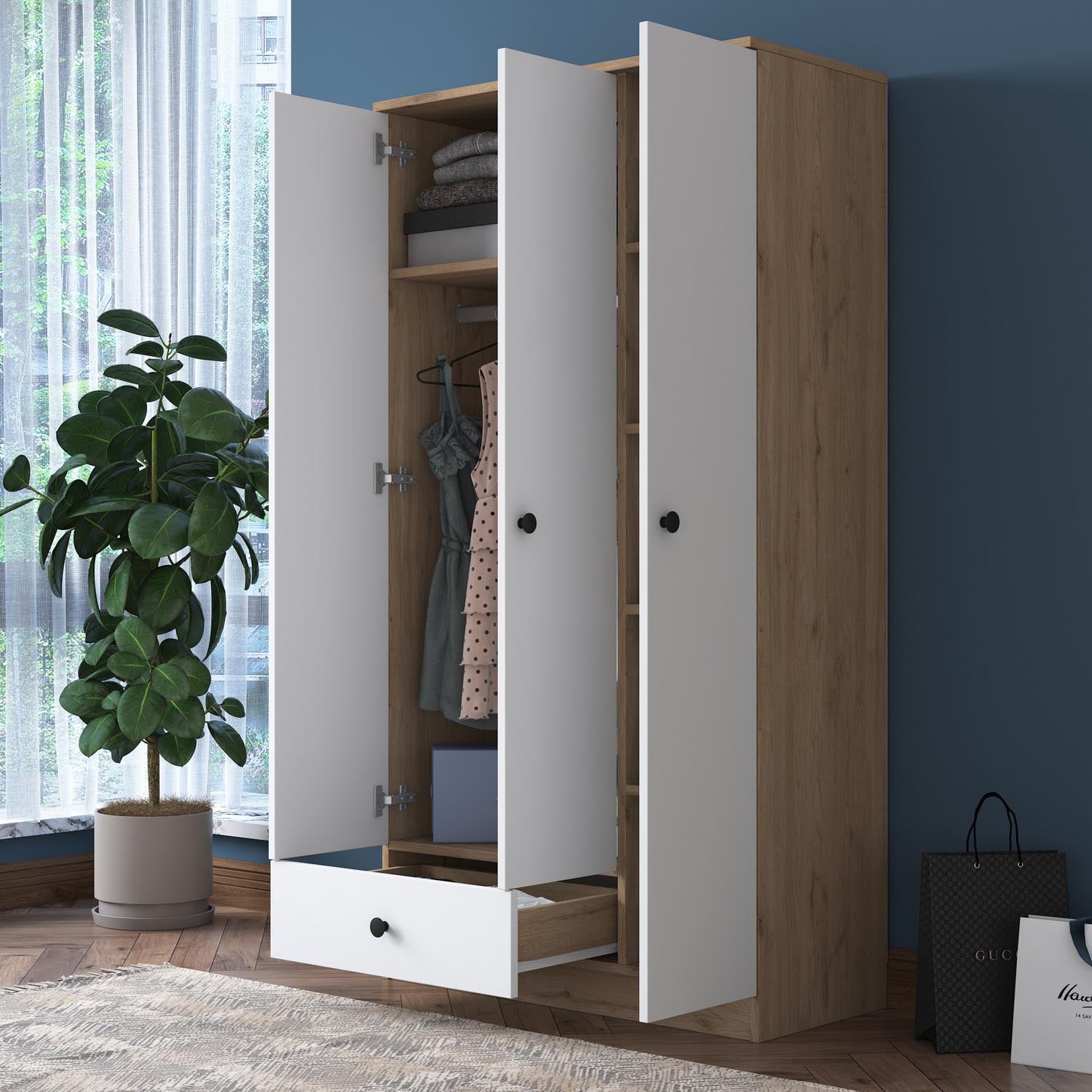 Gestalten Sie Ihr Schlafzimmer mit der eleganten BA117 Garderobe in Walnuss und Weiß von Hanah Home. Funktionalität trifft skandinavisches Design!