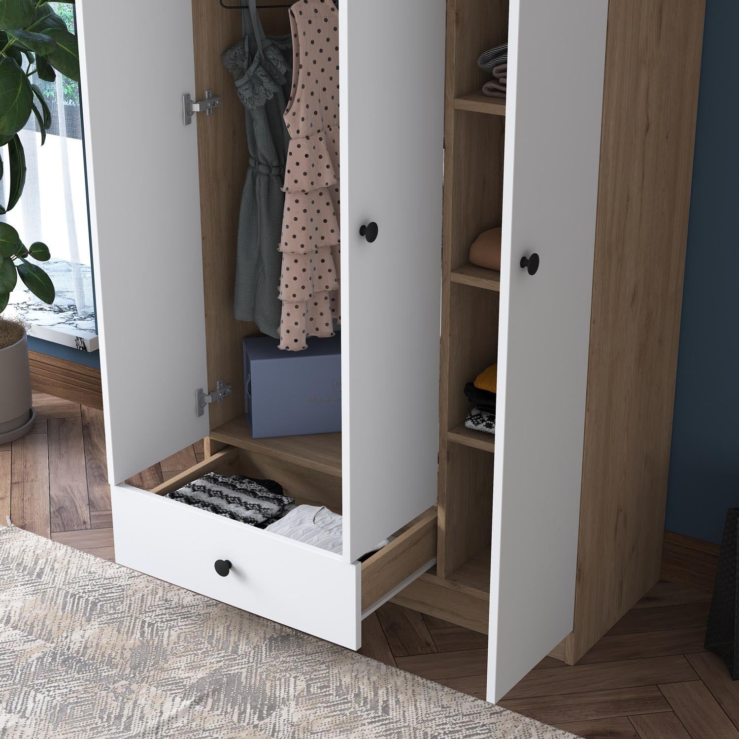 Verleihen Sie Ihrem Raum mit der stilvollen BA117 Garderobe in Walnuss und Weiß von Hanah Home einen modernen Touch. Praktisch und elegant!