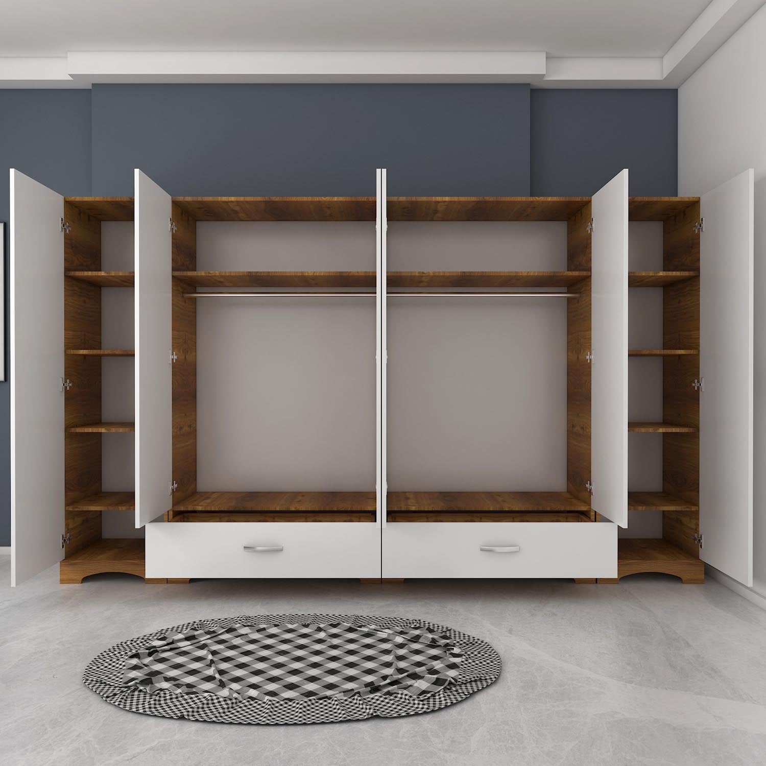 Verleihen Sie Ihrem Raum mit der F4 Garderobe von Hanah Home in Weiß und Walnuss einen Hauch von Eleganz und schaffen Sie Ordnung mit Stil.