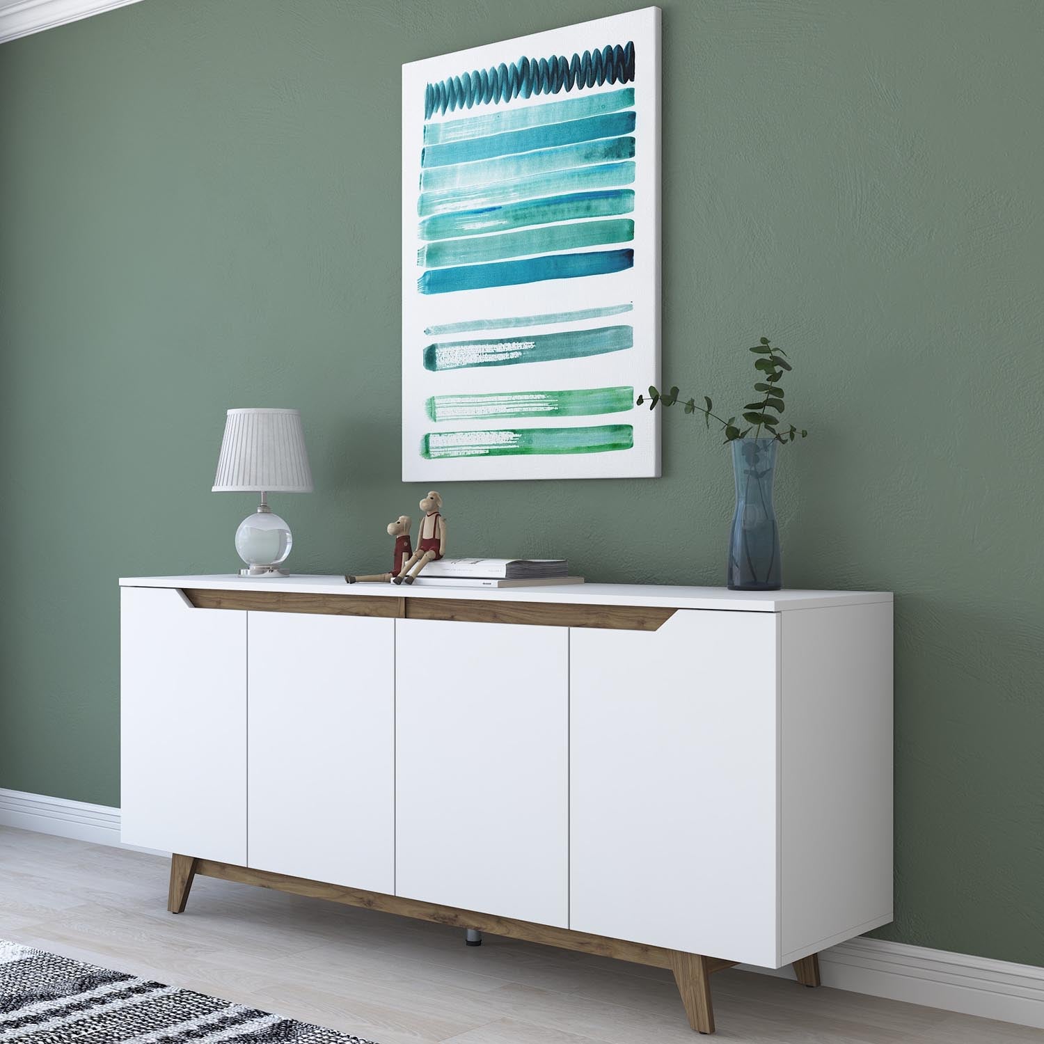 Erleben Sie das GD102 High-Sideboard von Hanah Home: Modernes Design in Weiß und Walnuss, ideal für stilvollen Stauraum und Ordnung.