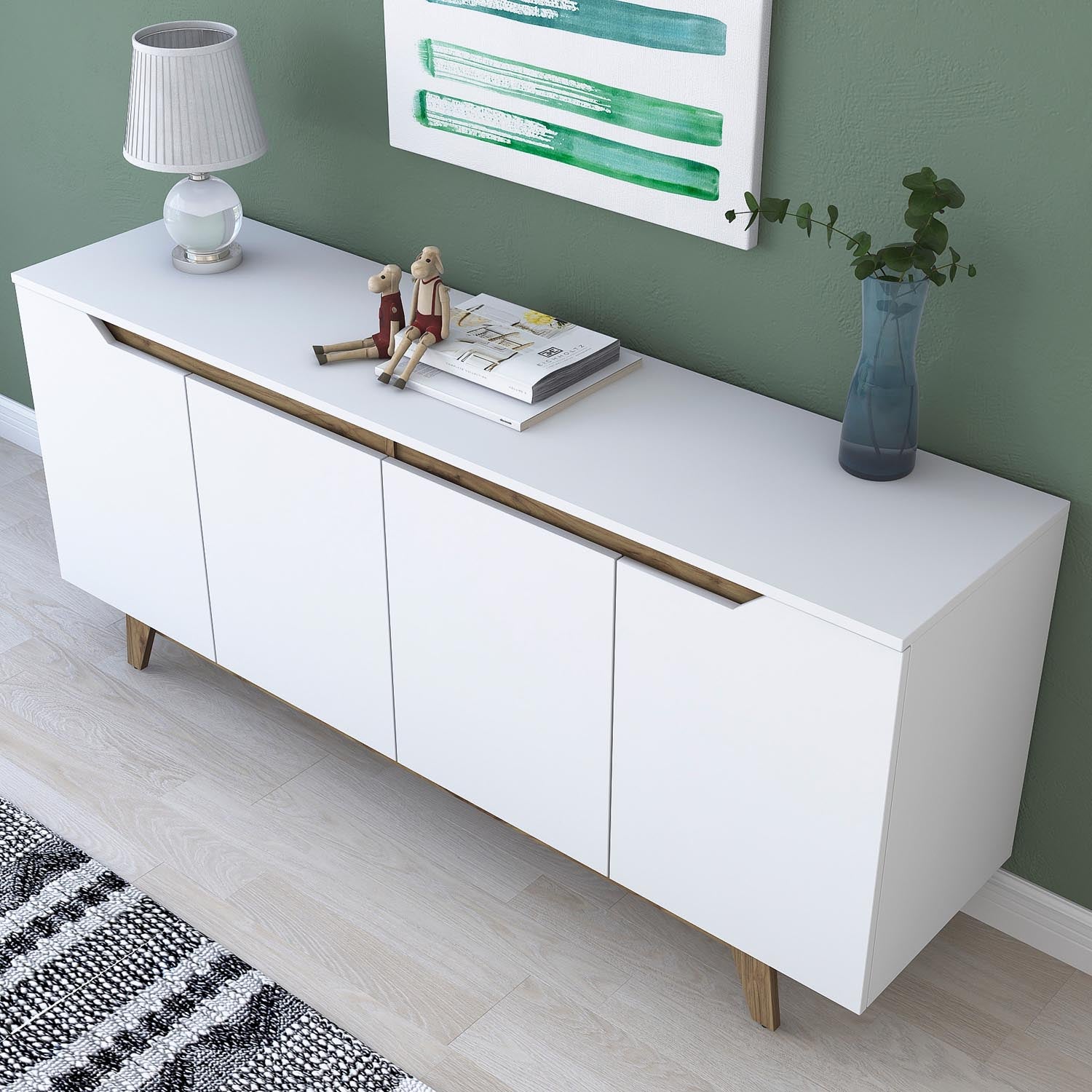 Entdecken Sie das GD102 High-Sideboard von Hanah Home: Elegantes Möbelstück in Weiß und Walnuss, perfekt für stilvolle Akzente und praktischen Stauraum.