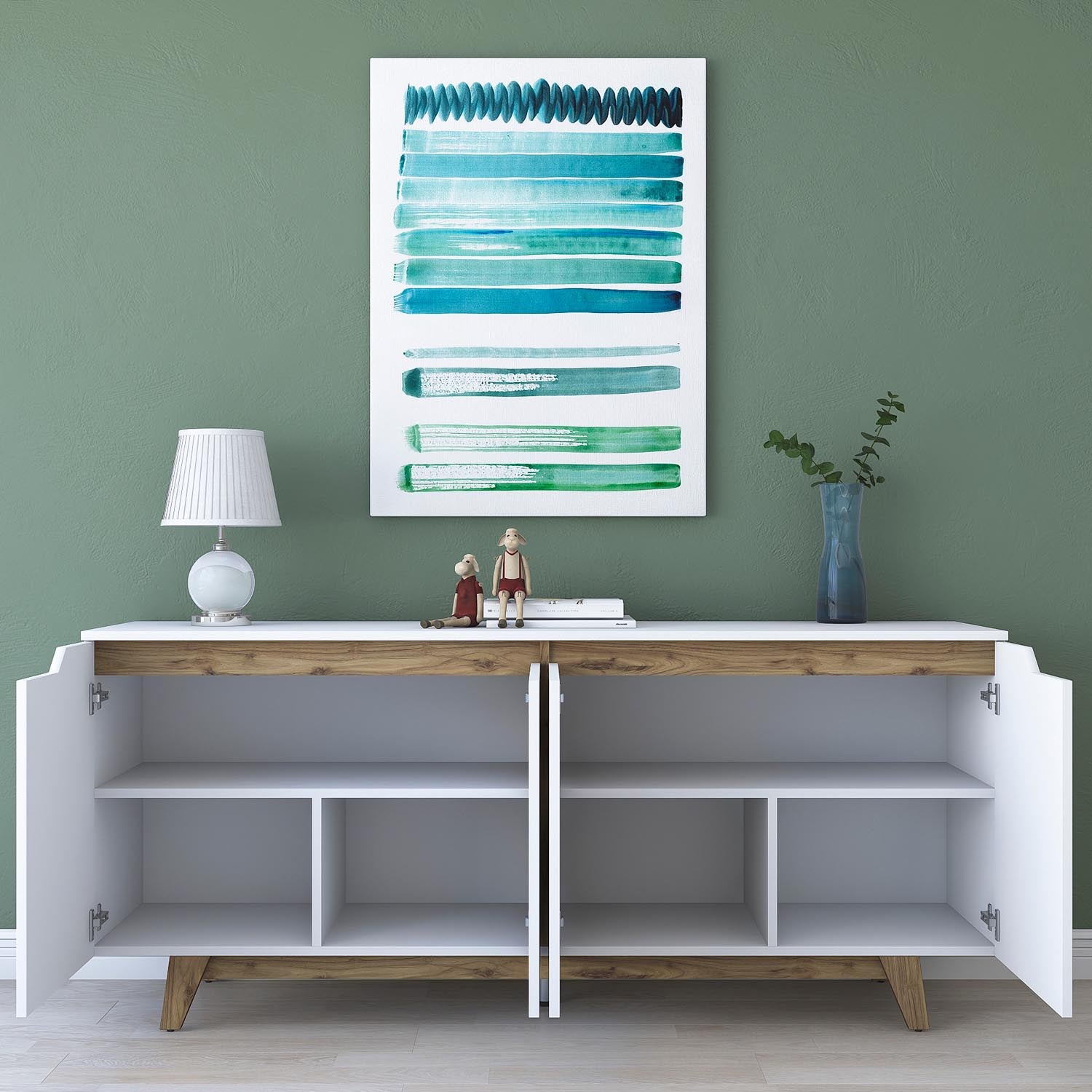 Entdecken Sie das GD102 High-Sideboard von Hanah Home: Elegante Kombination aus Weiß und Walnuss, perfekt für stilvollen Stauraum und modernes Wohnen.