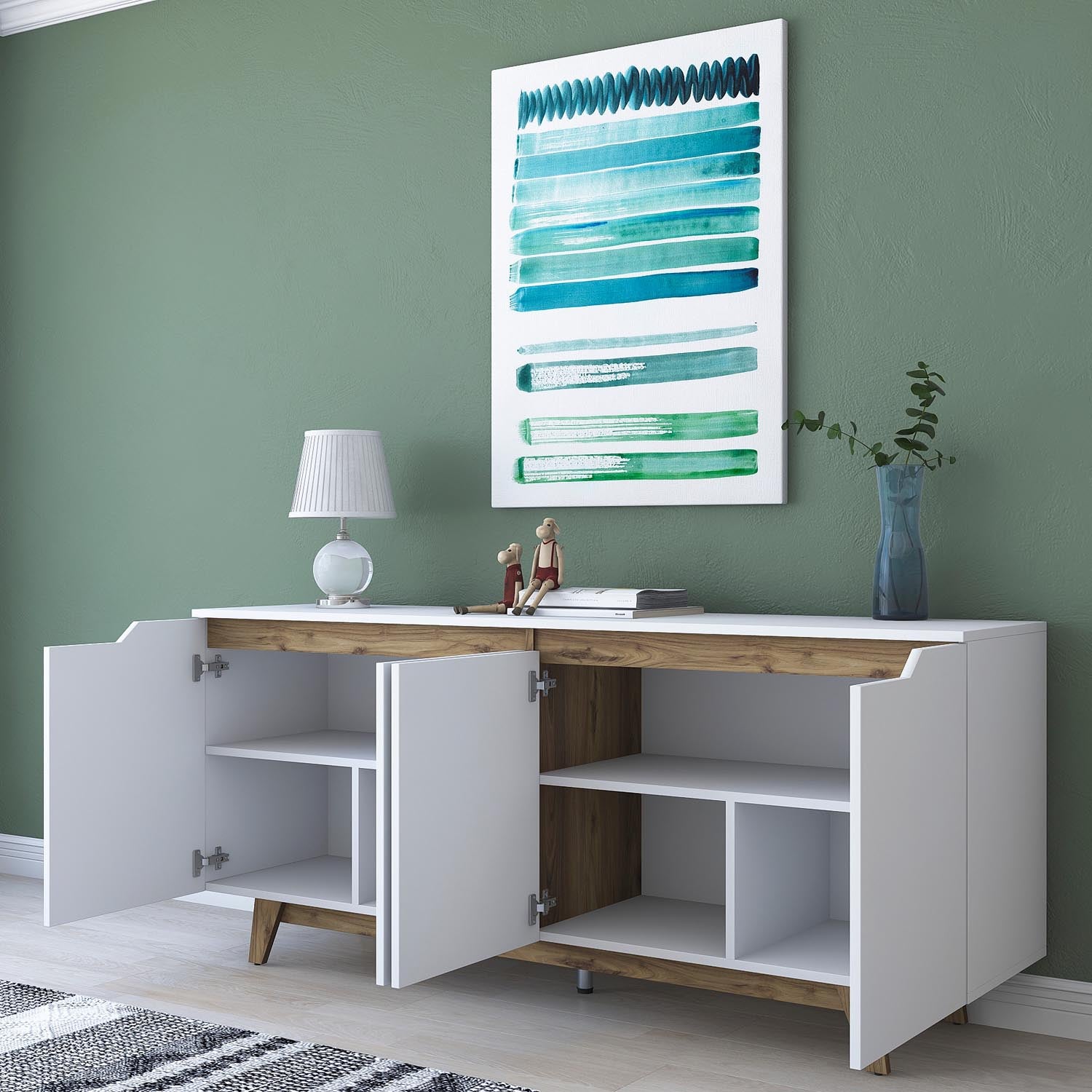 Erleben Sie das GD102 High-Sideboard von Hanah Home: Funktionales Design in Weiß und Walnuss, ideal für stilvolle Akzente und optimalen Stauraum.