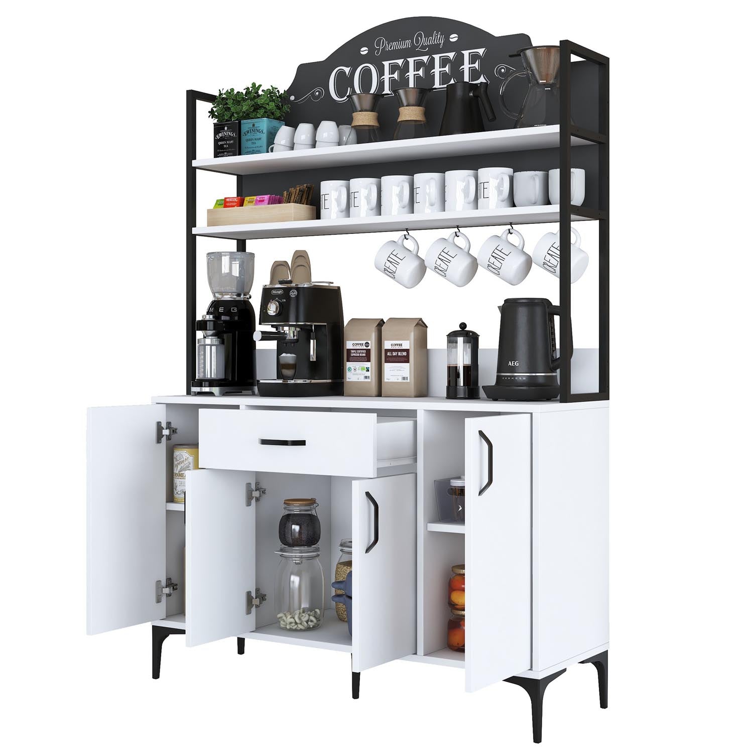 Gestalten Sie Ihr Zuhause neu mit dem stilvollen JE130 Mehrzweckschrank in Weiß von Hanah Home – ideal für Ordnung und elegantes Design.