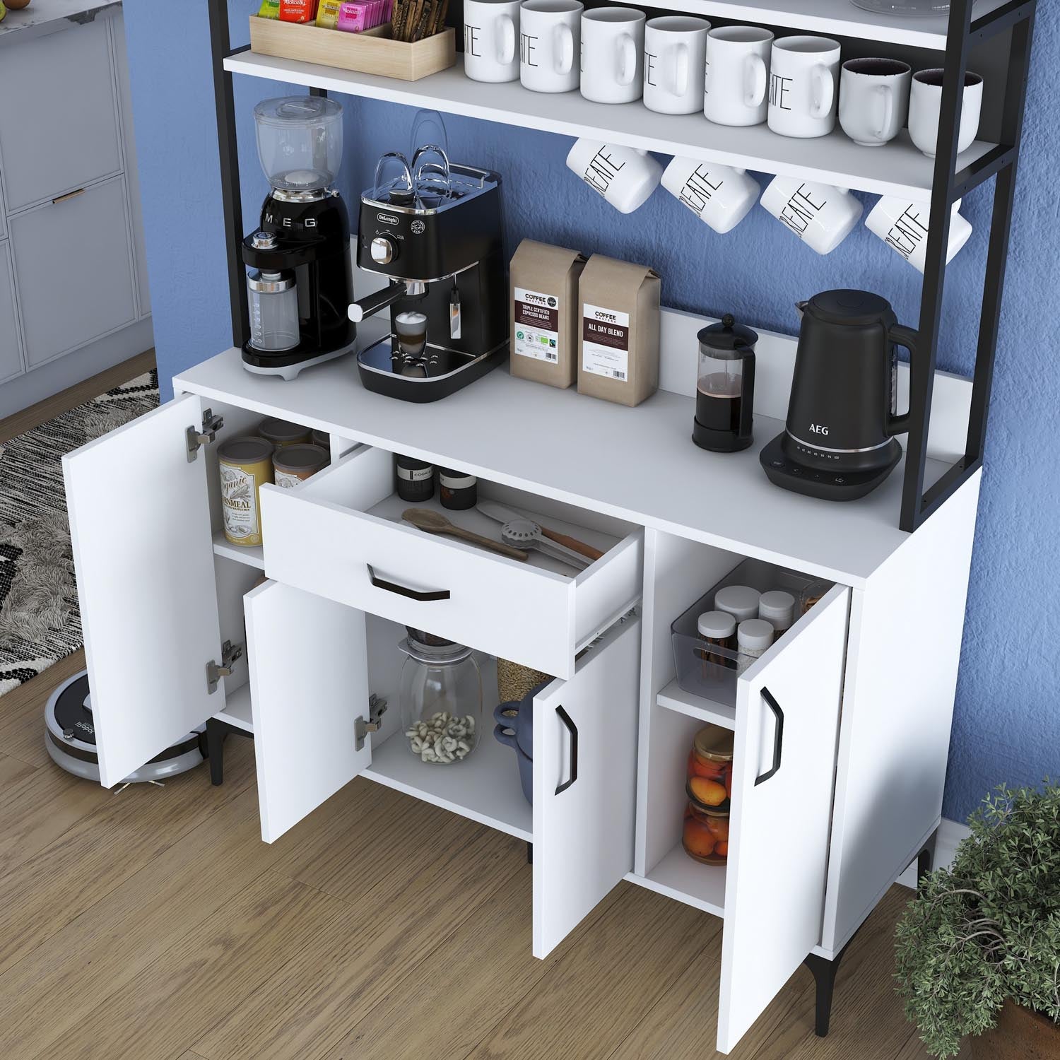 Gestalten Sie Ihr Zuhause neu mit dem stilvollen JE130 Mehrzweckschrank in Weiß von Hanah Home – ideal für Ordnung und elegantes Design.