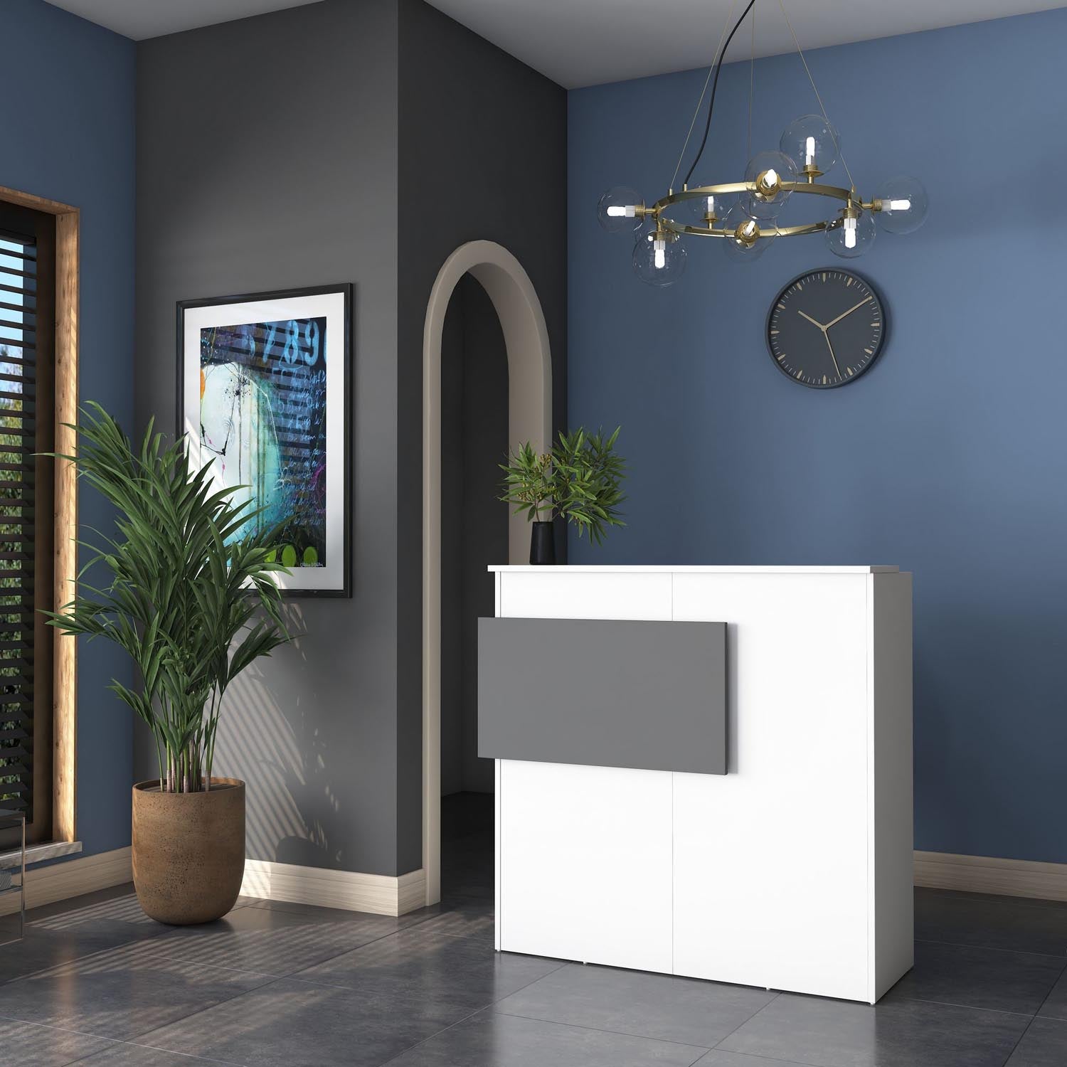 Eleganter Empfangstisch MA102 in Weiß und Anthrazit von Hanah Home. Ideal für stilvolle Büros und Empfangsbereiche. Hochwertige Verarbeitung.